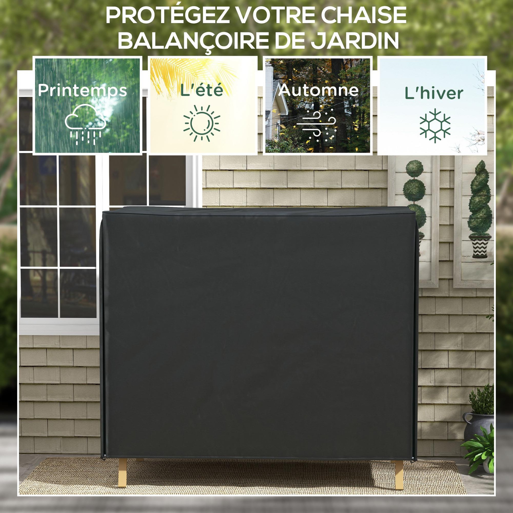 Voir la diapositive 4 : OUTSUNNY Housse de protection balancelle de jardin 3 places - imperméable, anti-uv, zip - dim. 2,20l x 1,25l x 1,72h m - noir