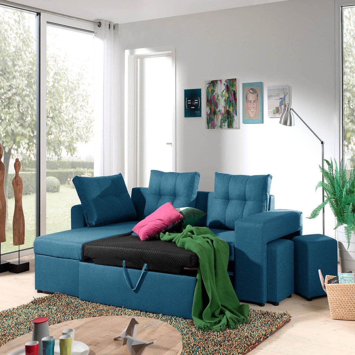 BEST MOBILIER California - canapé d'angle réversible et convertible avec coffre de rangement - bleu canard - bleu canard