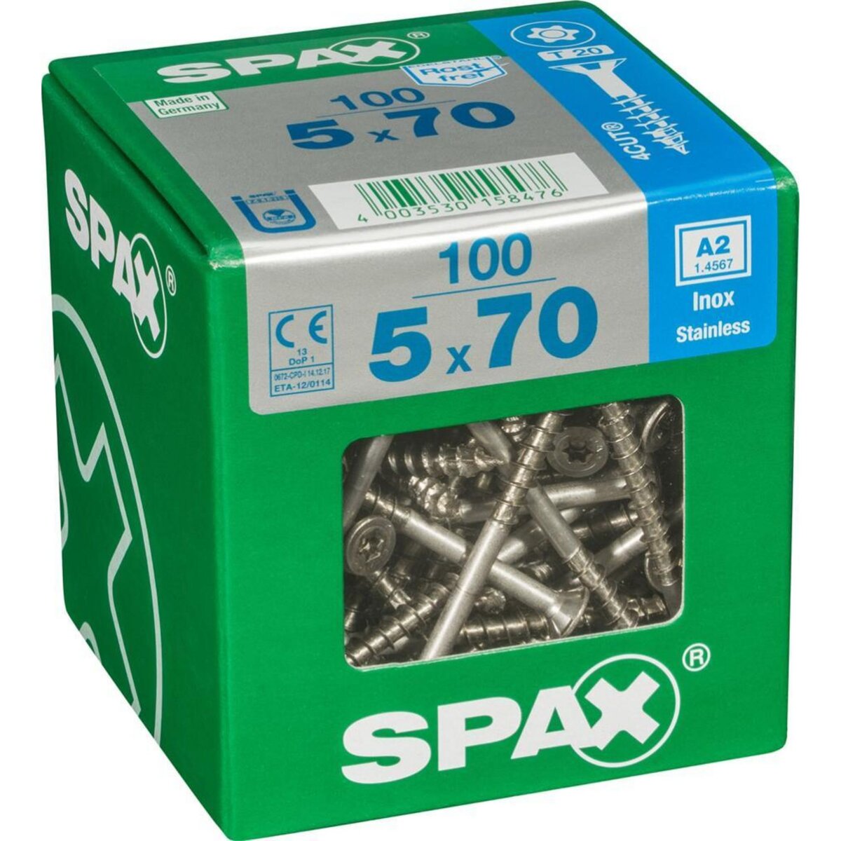 CENTRALE BRICO Lot de 100 vis inox tête fraisée torx SPAX, Diam.5 mm x L.70 mm