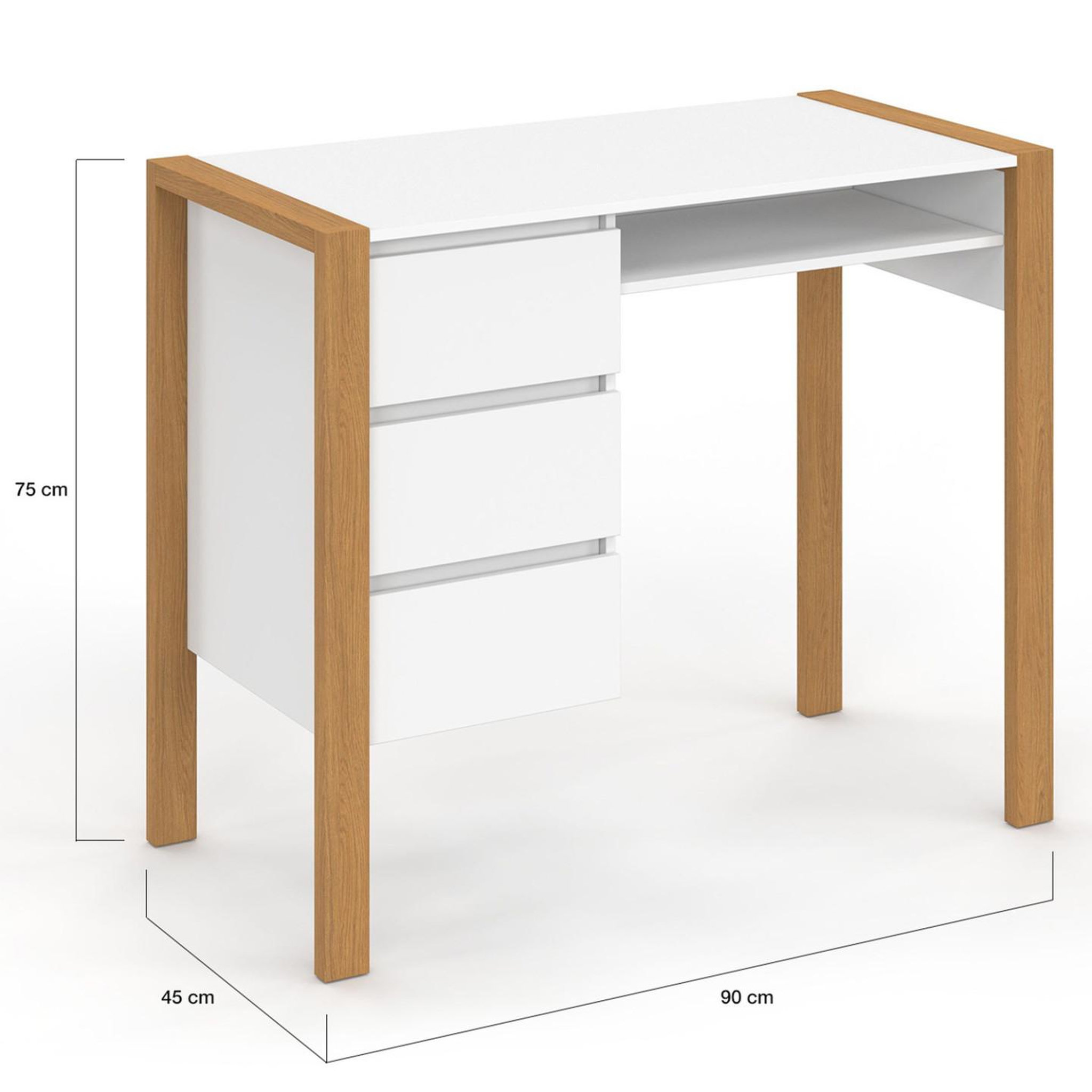 Voir la diapositive 4 : ID MARKET Bureau scandinave hugo avec 3 tiroirs et niche blanc et bois