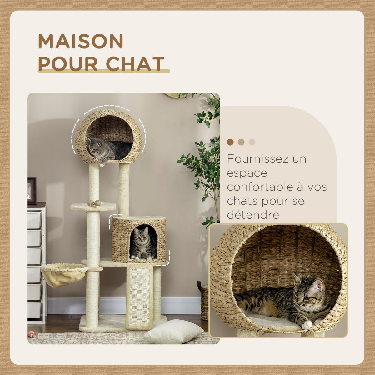 PAWHUT Arbre à chat style cosy chic griffoirs grattoir sisal 2 grandes niches plateforme hamac peluche courte beige jacinthe d'eau