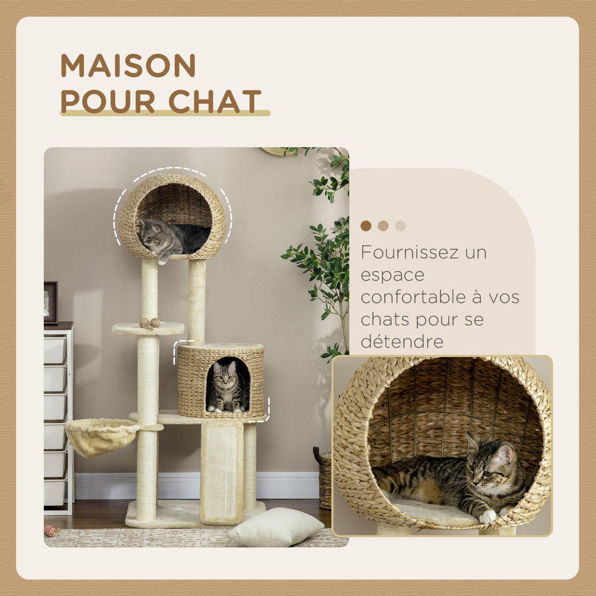 PAWHUT Arbre à chat style cosy chic griffoirs grattoir sisal 2 grandes niches plateforme hamac peluche courte beige jacinthe d'eau