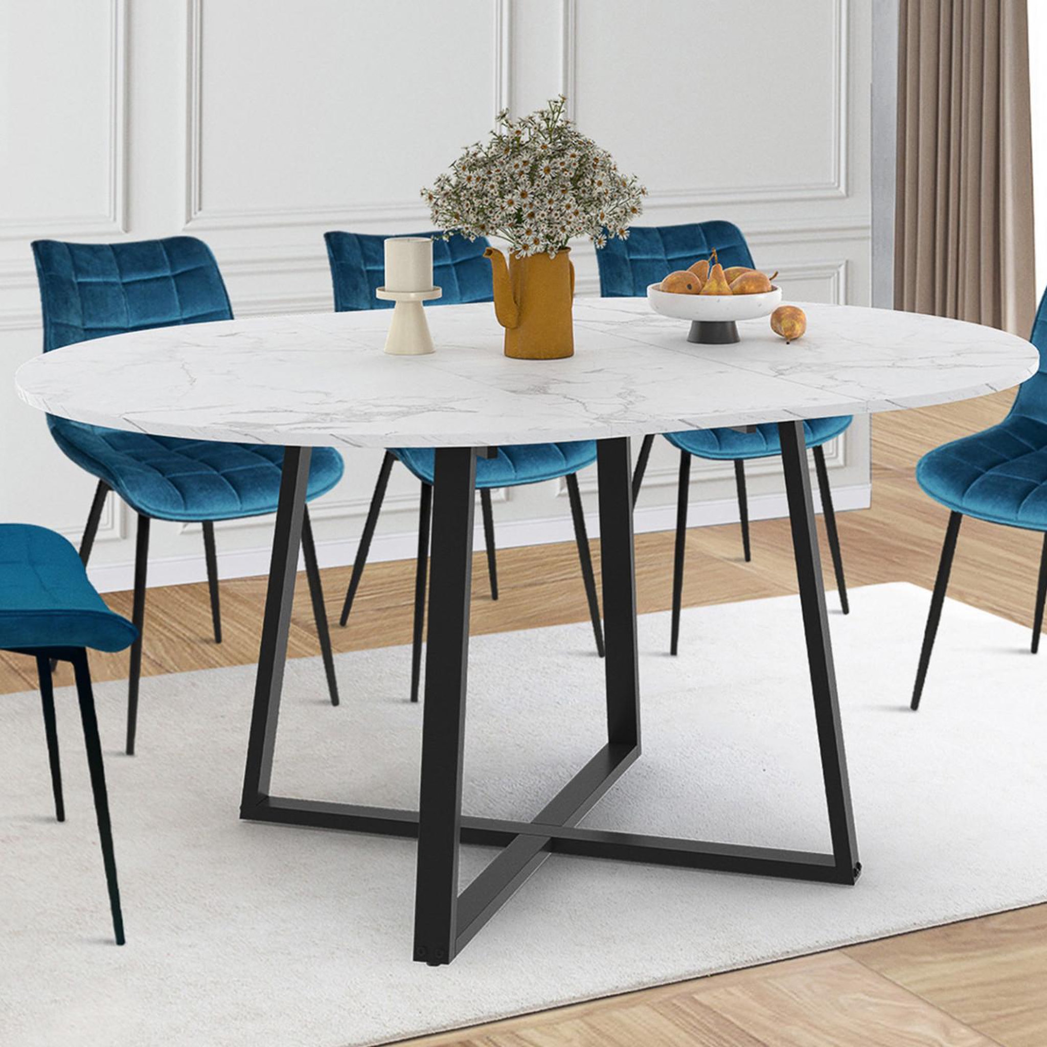 Voir la diapositive 2 : ID MARKET Table à manger extensible ronde selma 4-8 personnes noir et plateau marbre blanc alaska 110-150 cm
