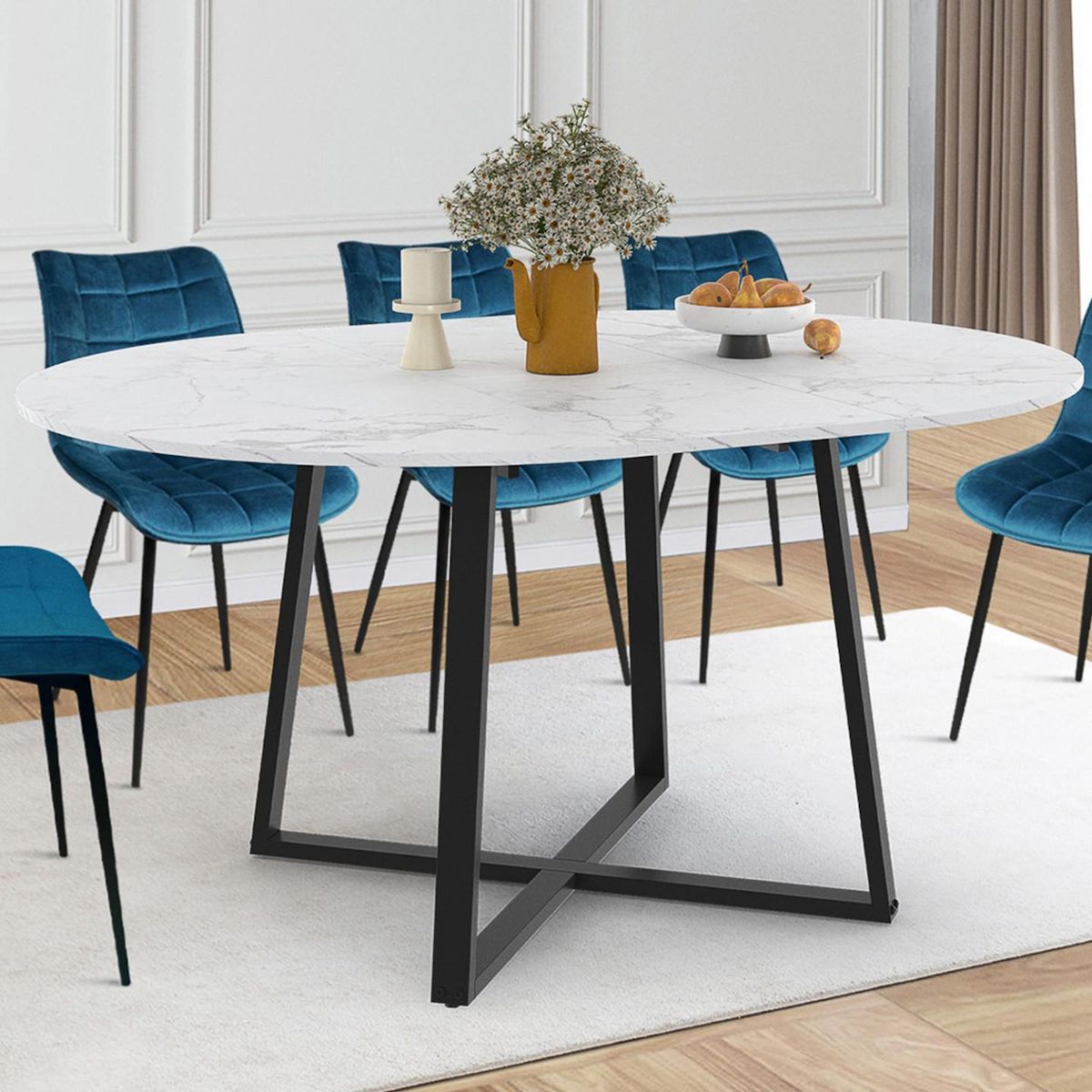 ID MARKET Table à manger extensible ronde SELMA 4-8 personnes noir et plateau marbre blanc ALASKA 110 - 150 cm