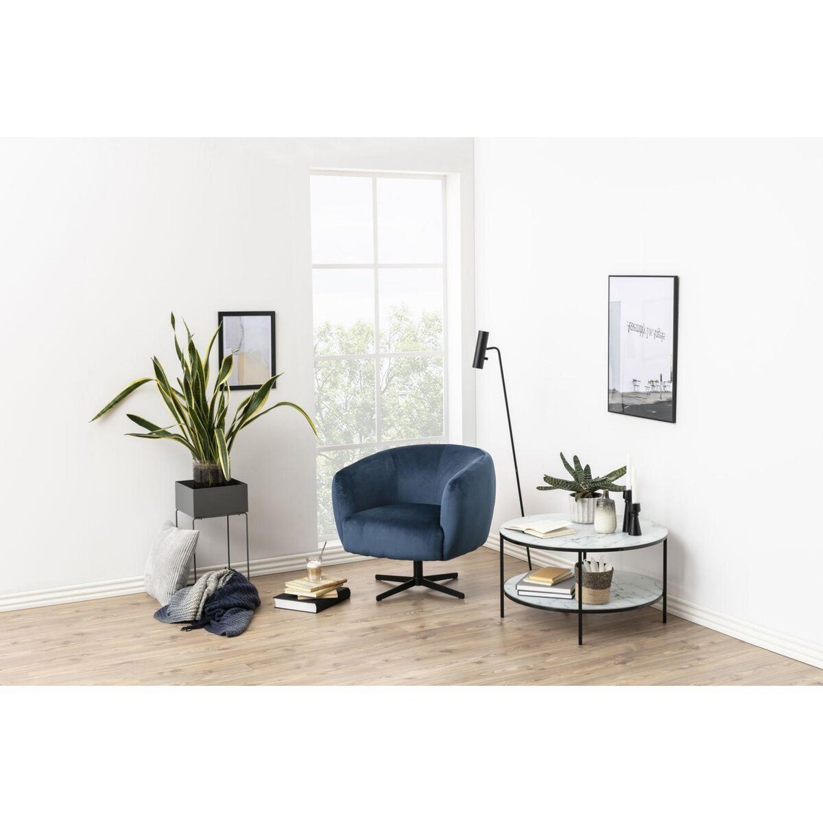 TOILINUX Table basse ronde effet marbre en verre et métal 2 niveaux