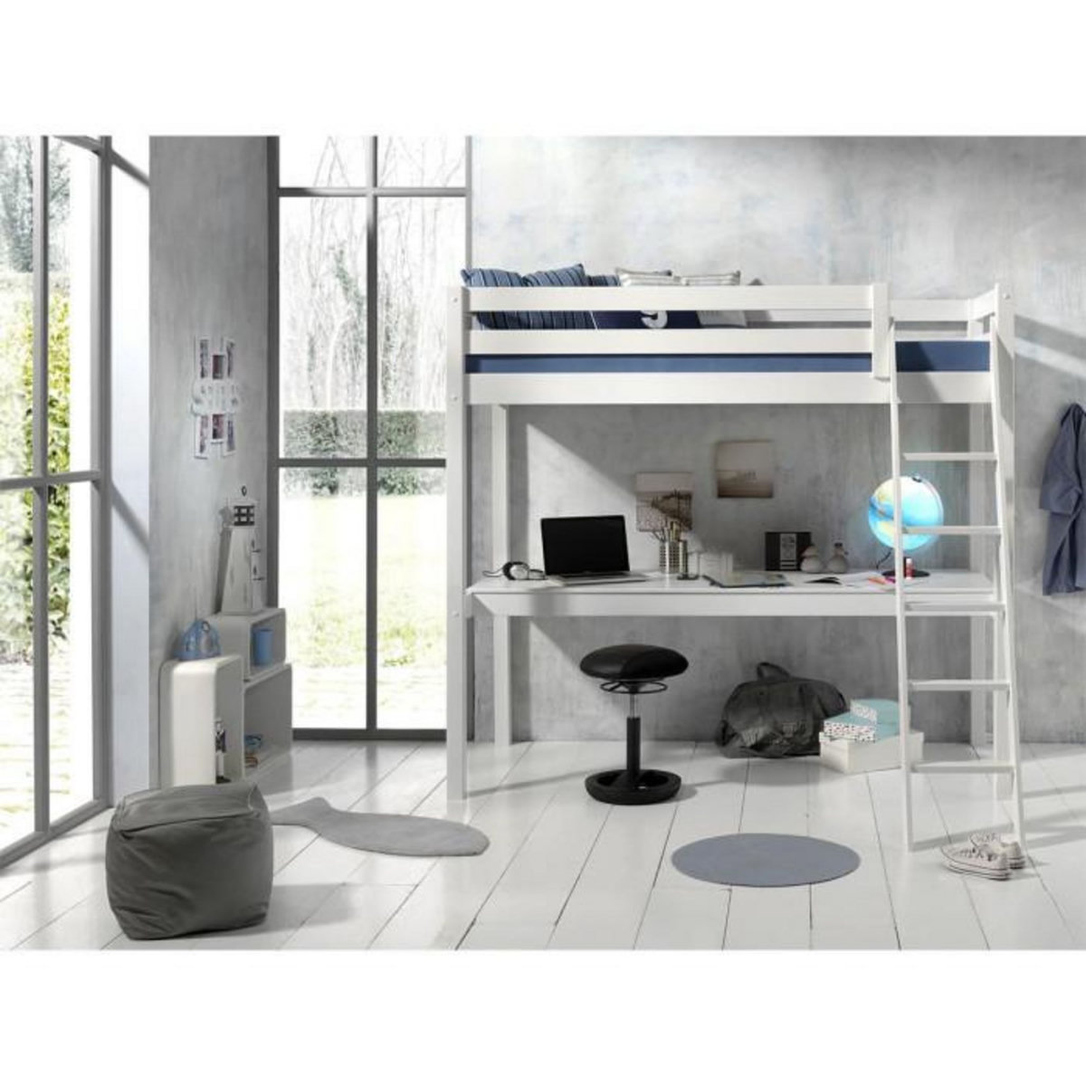 Paris Prix Lit Mezzanine & Plan de Travail  Pino  90x200cm Blanc