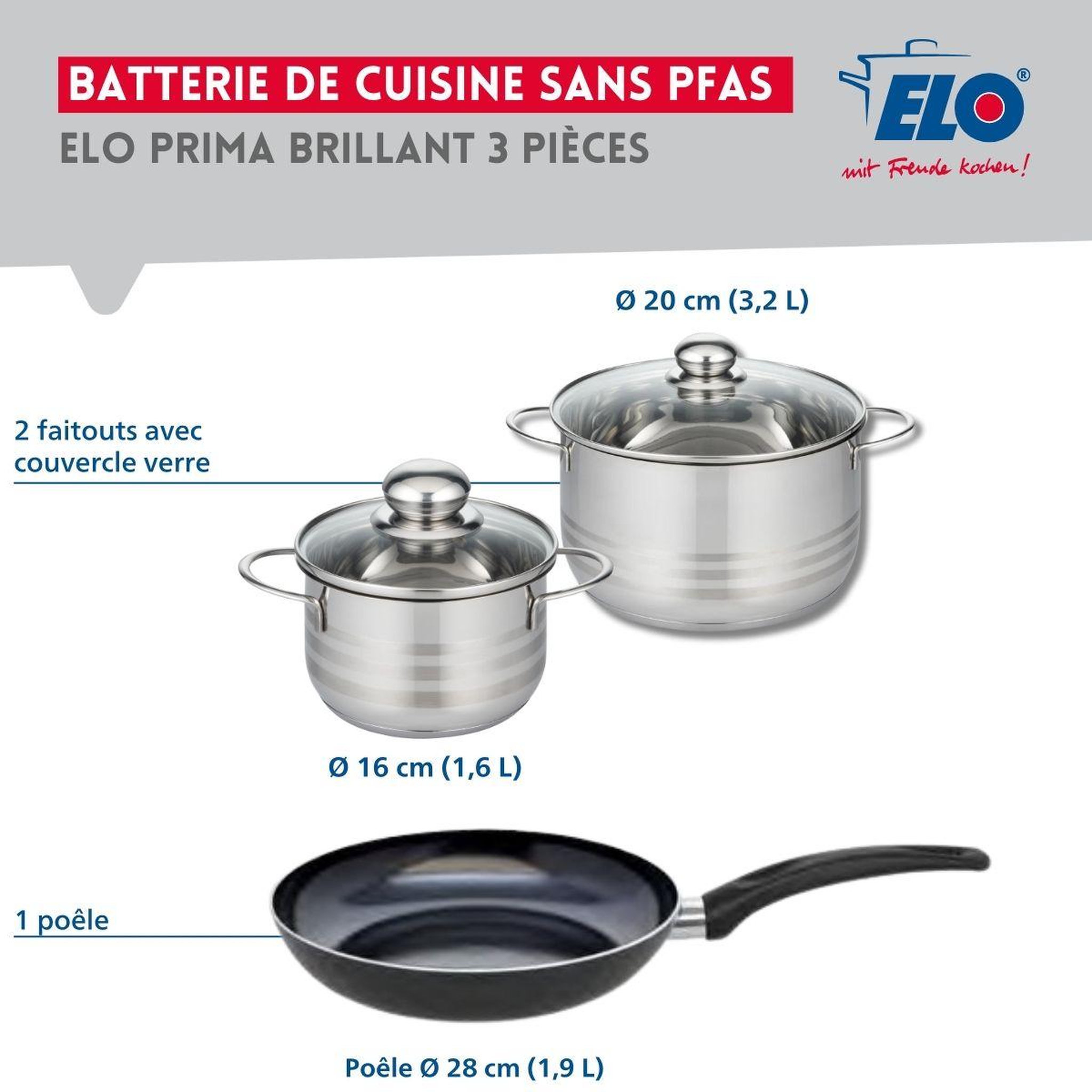 Voir la diapositive 2 : ELO Ensemble de 1 poêle de cuisson 28 cm et 2 faitouts 16 et 20 cm elo prima brillant