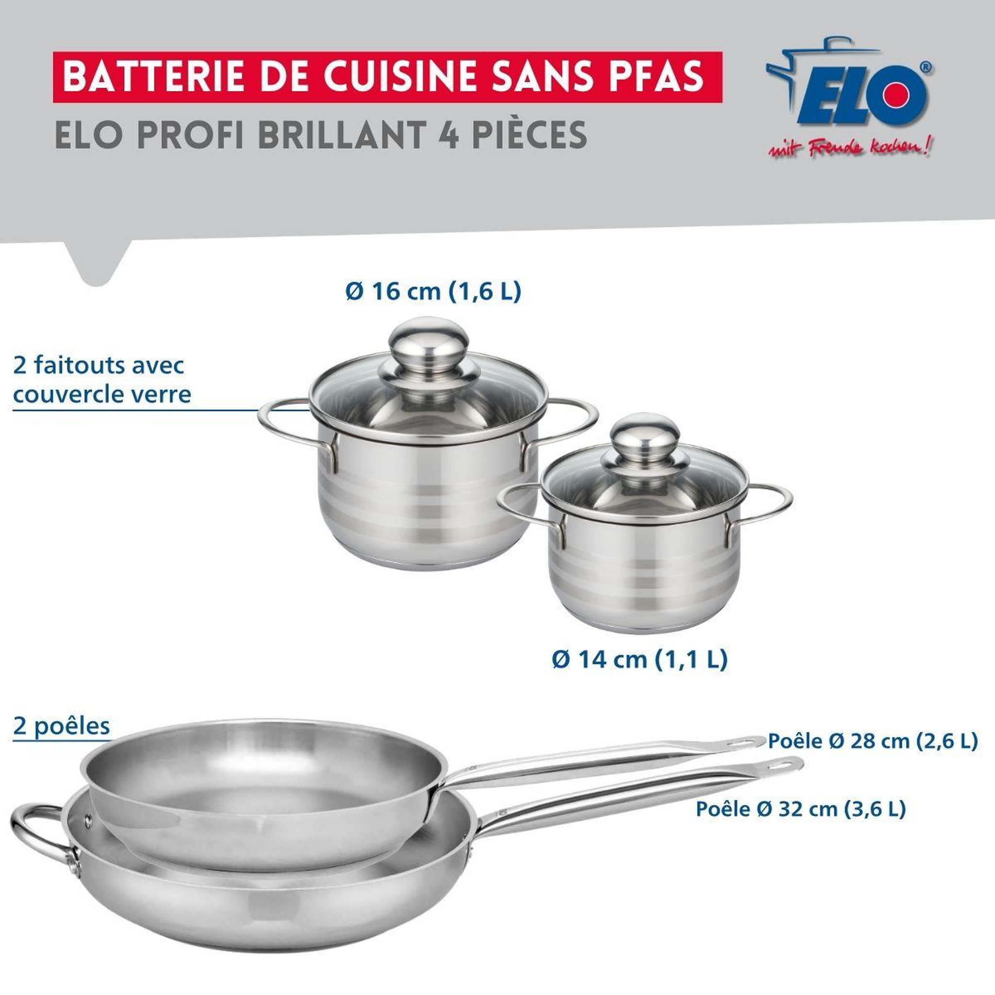 Voir la diapositive 2 : ELO Ensemble de 2 poêles de cuisson 28 et 32 cm et 2 faitouts 14 et 16 cm elo profi brillant