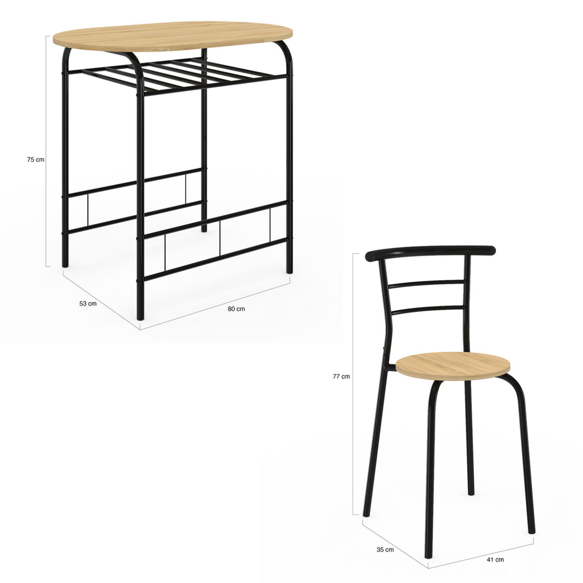 ID MARKET Ensemble table LYNETH  2 personnes + 2 chaises bois et métal noir