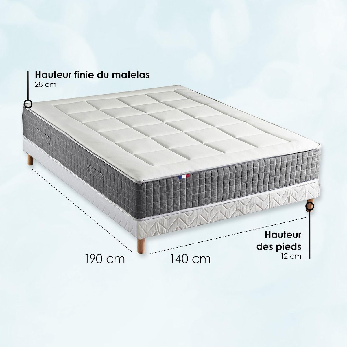 IDLITERIE Ensemble Matelas Ressort 7 zones H.28cm + Sommier + couette + oreillers Fabriqué en France MAX