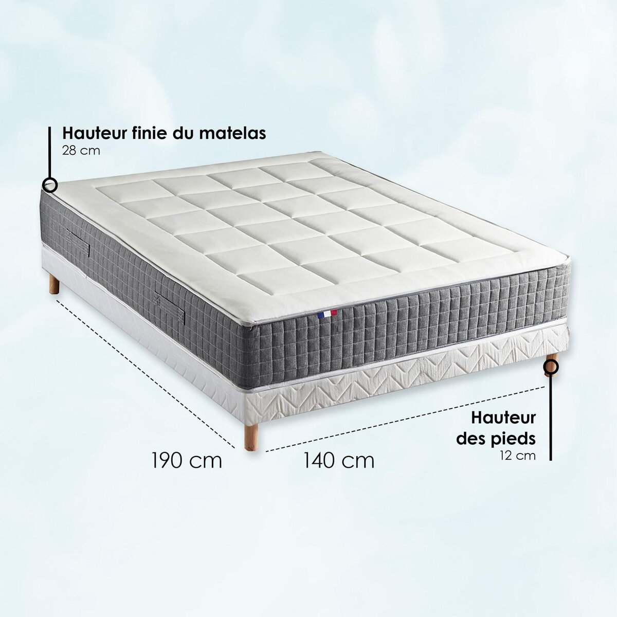 IDLITERIE Ensemble Matelas Ressort 7 zones H.28cm + Sommier + couette + oreillers Fabriqué en France MAX