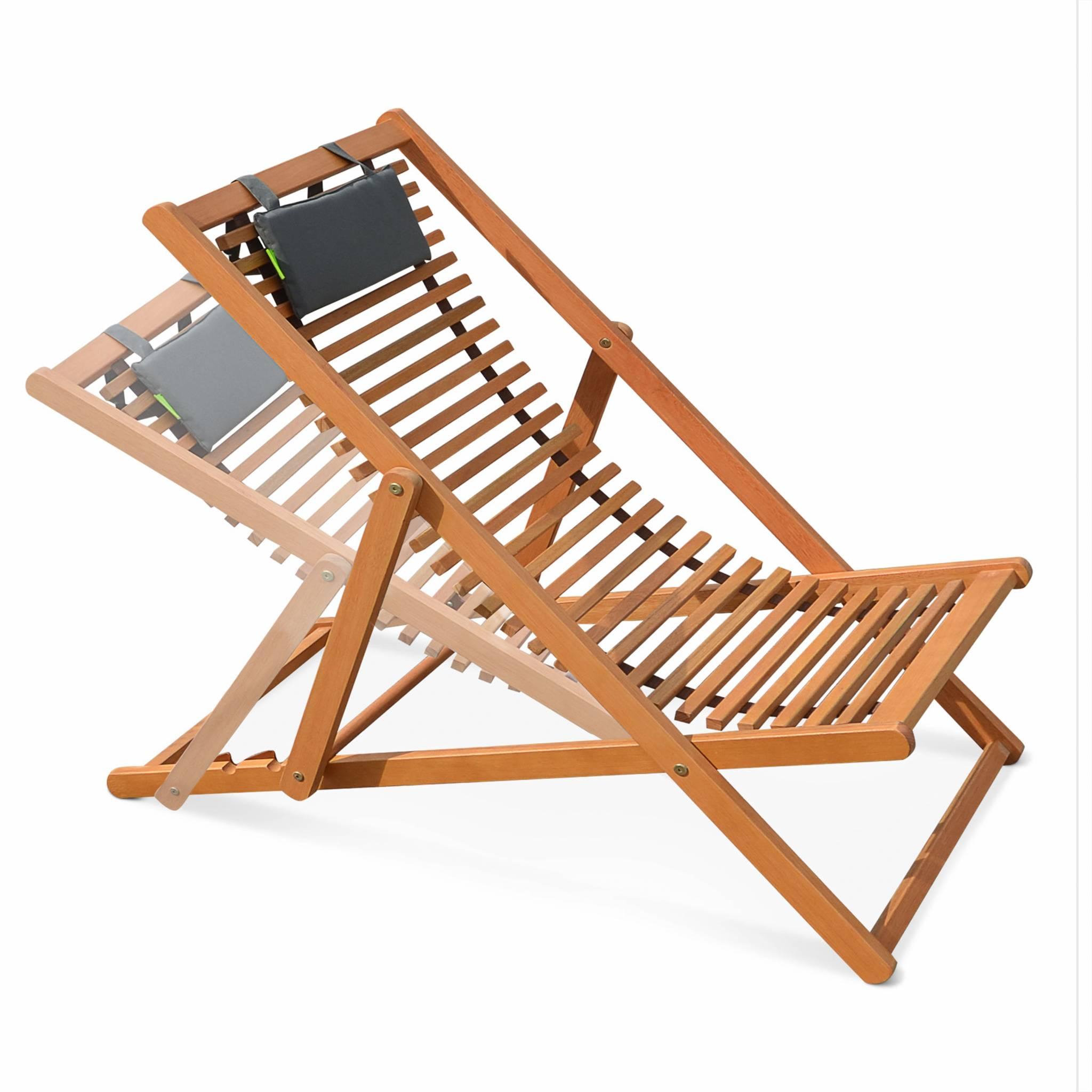 Voir la diapositive 4 : SWEEEK Chiliennes bois à lattes - Bilbao - 2 transats en bois d'Eucalyptus huilé avec coussin repose-tête gris
