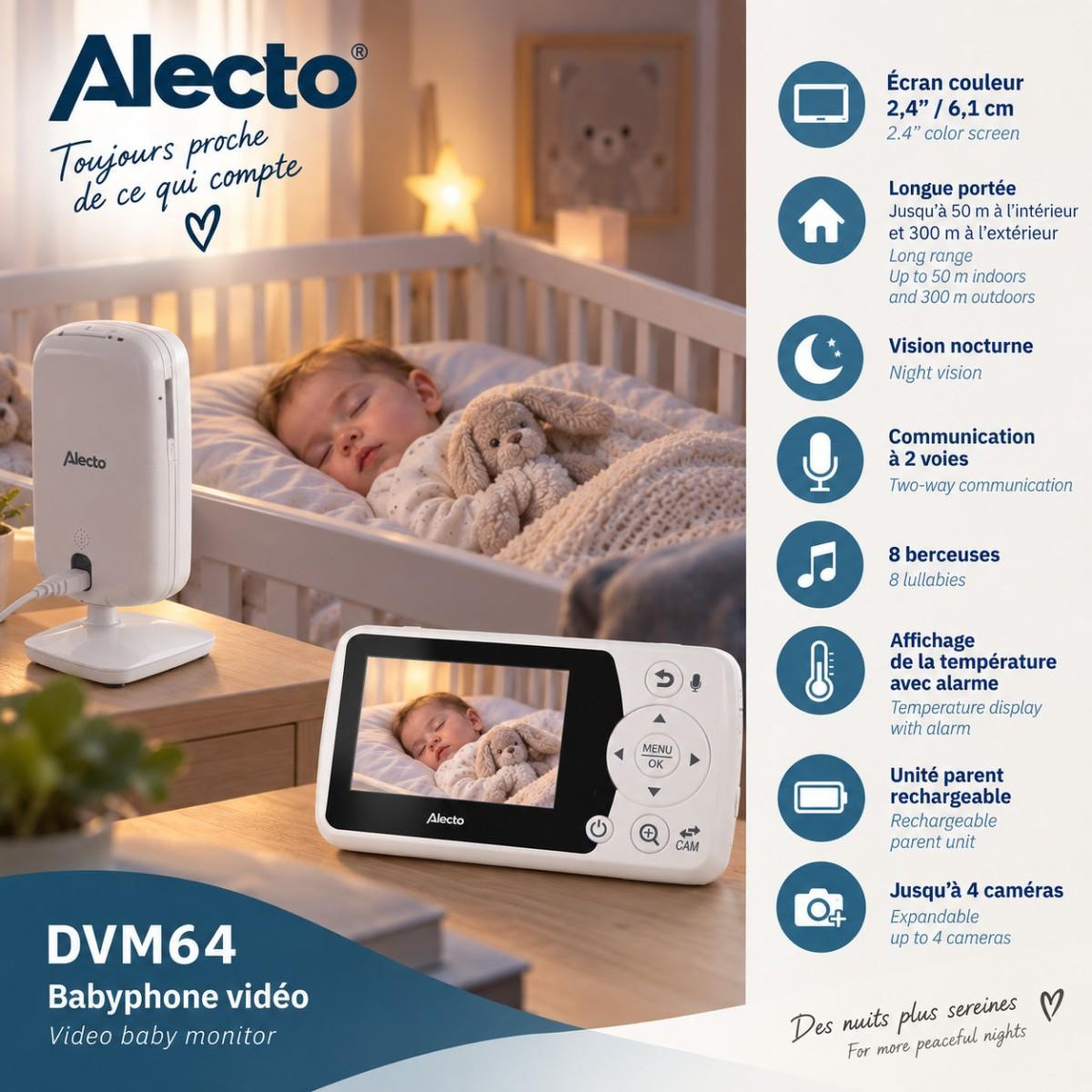 Voir la diapositive 3 : ALECTO Babyphone vidéo Caméra écran couleur 2,4 pouces Vision nocturne VOX Interphone Portée 50 m Alecto