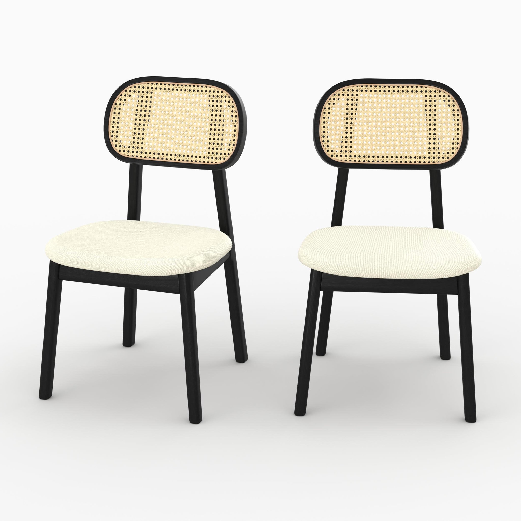 MAISON PAVANE Lot de 2 chaises en bois noir, tissu beige et rotin synthétique-maria