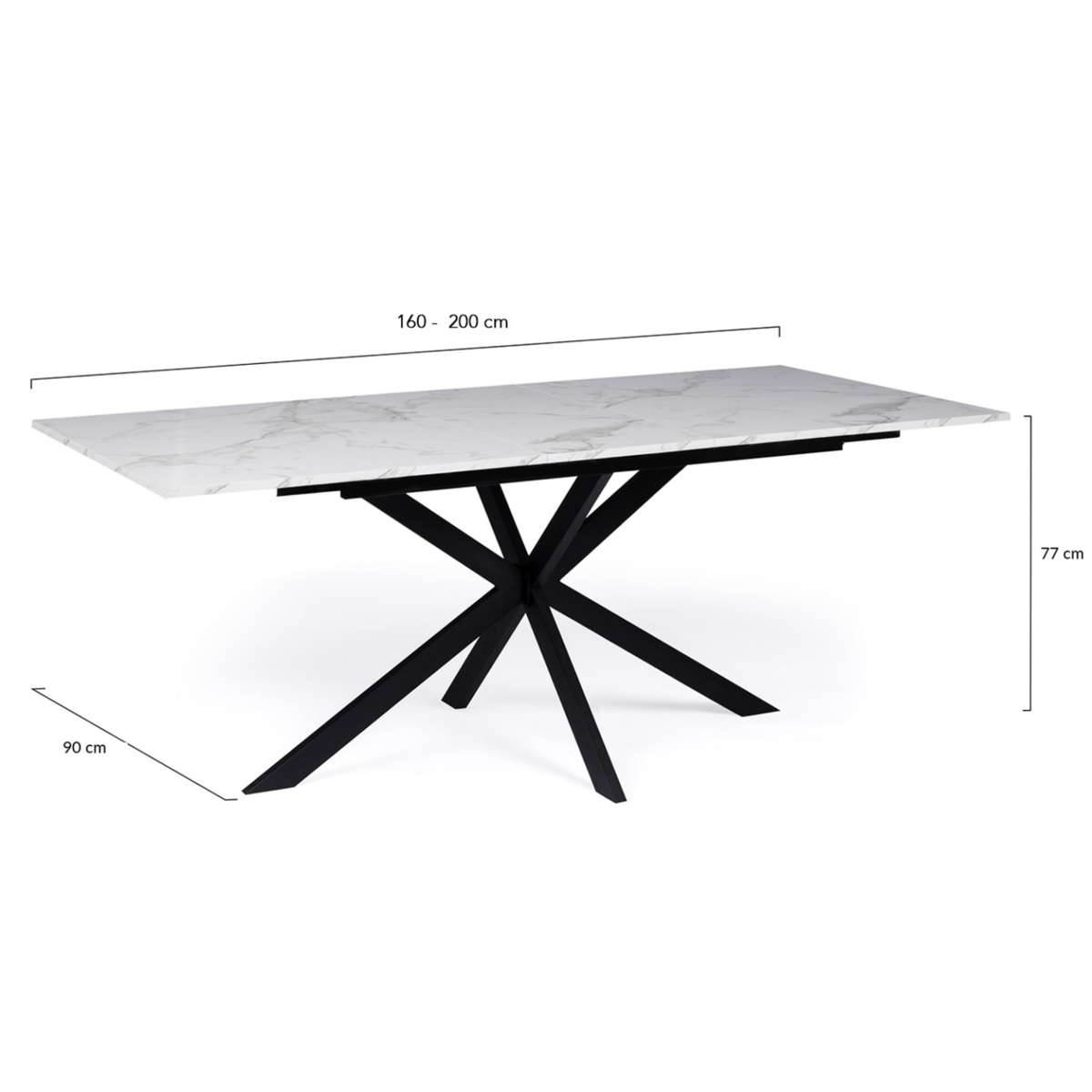 ID MARKET Table à manger extensible rectangle ALIX 6-10 personnes pied araignée noir plateau effet marbre blanc ALASKA 160-200 cm