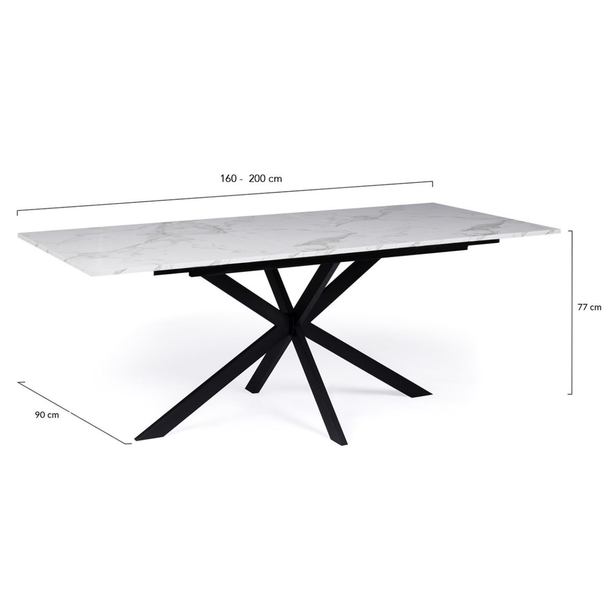 ID MARKET Table à manger extensible rectangle ALIX 6-10 personnes pied araignée noir plateau effet marbre blanc ALASKA 160-200 cm