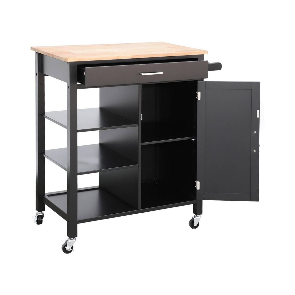 SWEEEK Desserte de cuisine BENDOR plateau en bois d'hévéa, 83 x 47 x 91 cm, 1 poignée, 4 roues, 1 tiroir, 5 étagères, 1 porte, style contemporain