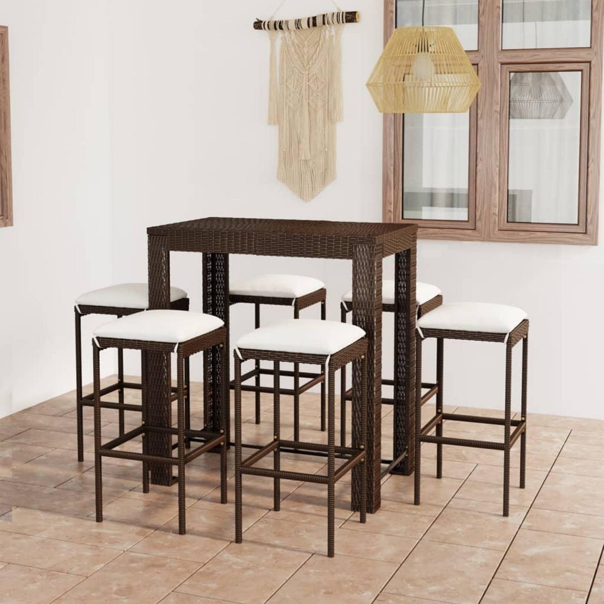 VIDAXL Ensemble de bar de jardin 7 pcs coussins Resine tressee Marron