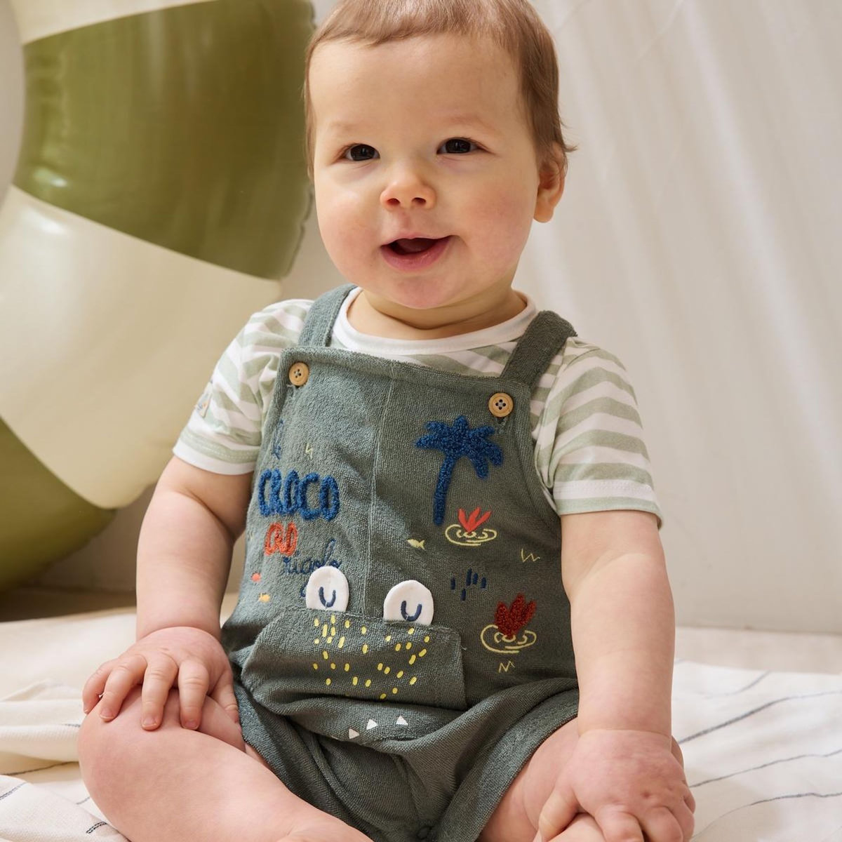 Petit Béguin Ensemble salopette bébé en éponge et t-shirt Crocro rigolo