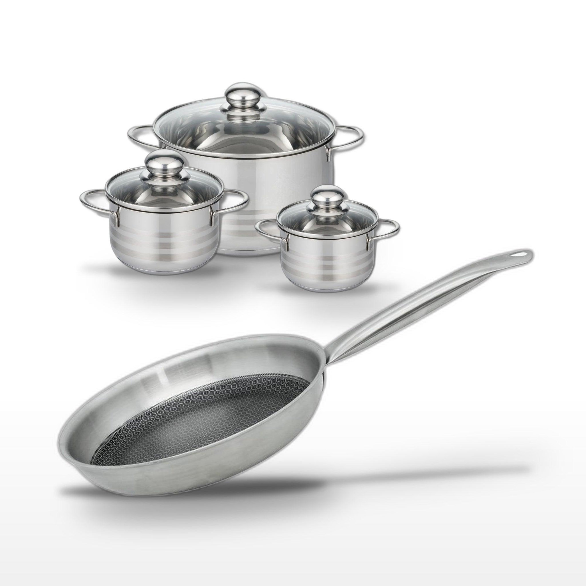 ELO Batterie de cuisine avec 3 faitouts 12/14/20 cm et 1 poêle de cuisson 24 cm en inox sans pfas elo collection relief solution brillant