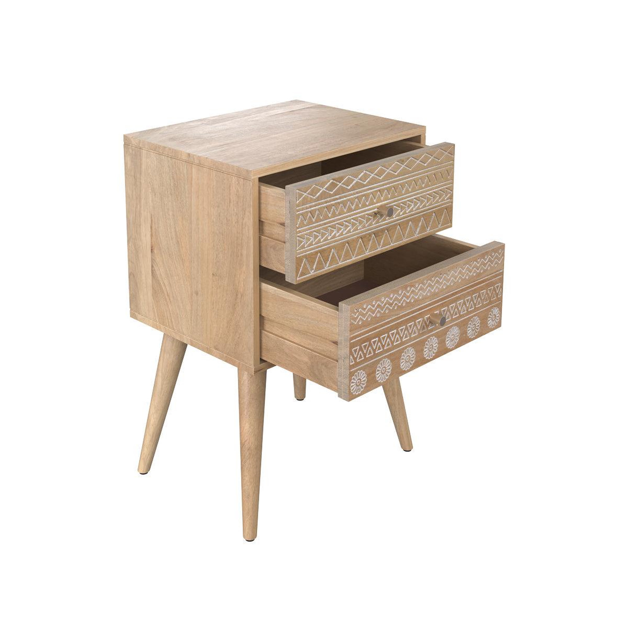 Voir la diapositive 6 : MAISON PAVANE Table de chevet en bois de manguier gravé 2 tiroirs-tiny