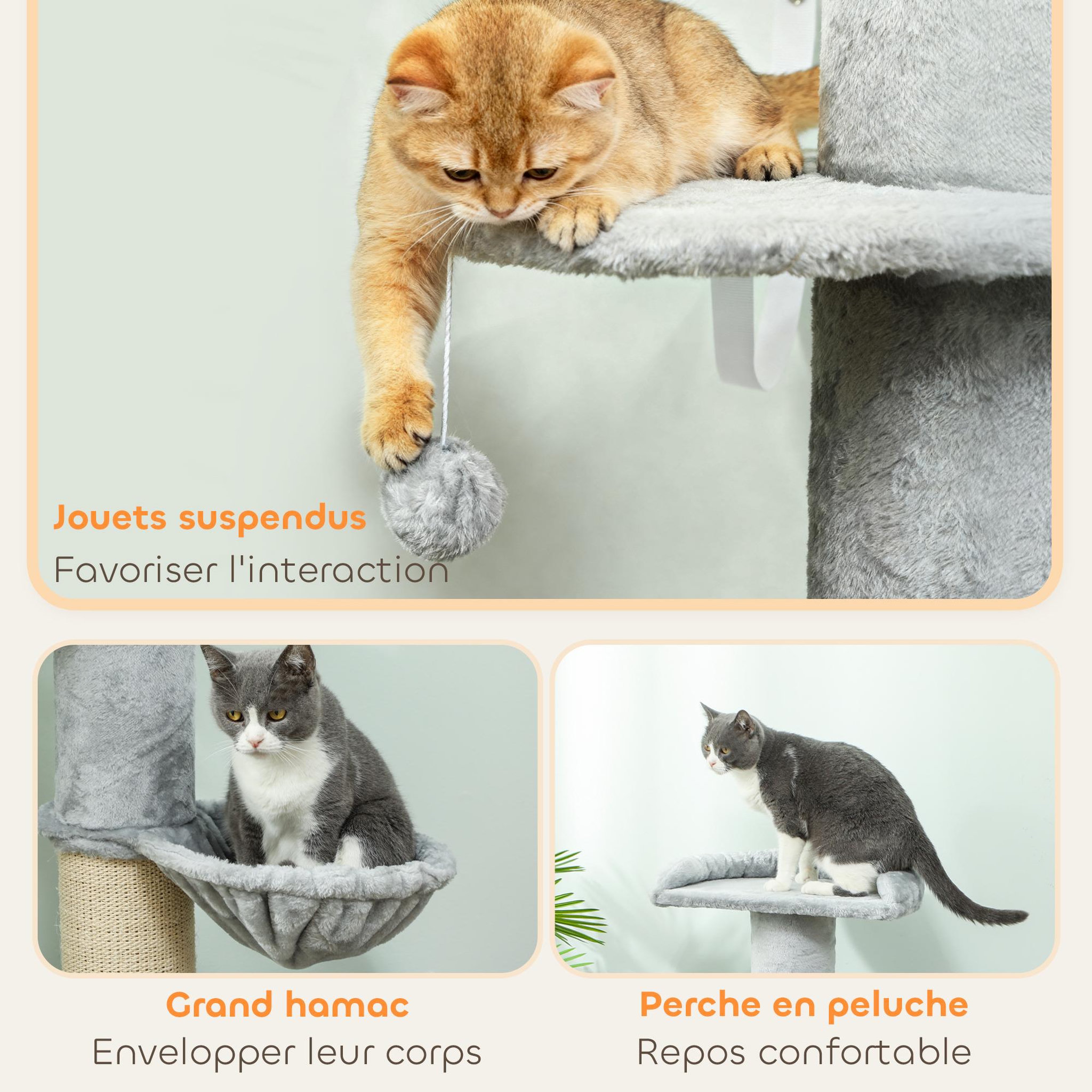 Voir la diapositive 4 : PAWHUT Arbre à chat design gris clair h.103cm - griffoir, hamac, jeu boule, plateformes
