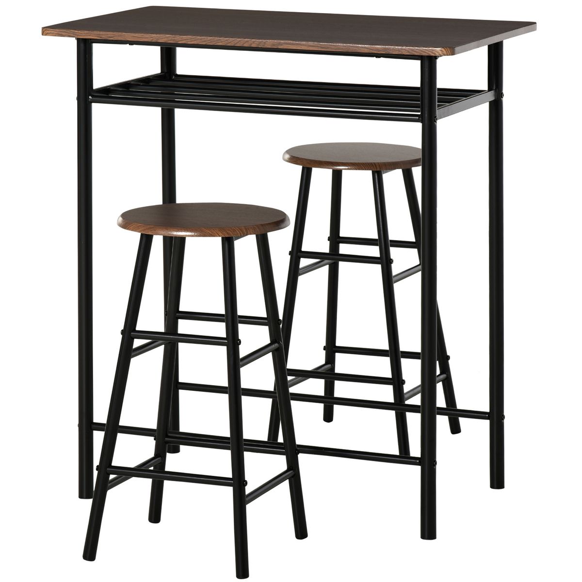 HOMCOM Ensemble Table Bar Industriel + 2 Tabourets – Style Loft Noyer & Noir, Étagère Intégrée, Gain De Place
