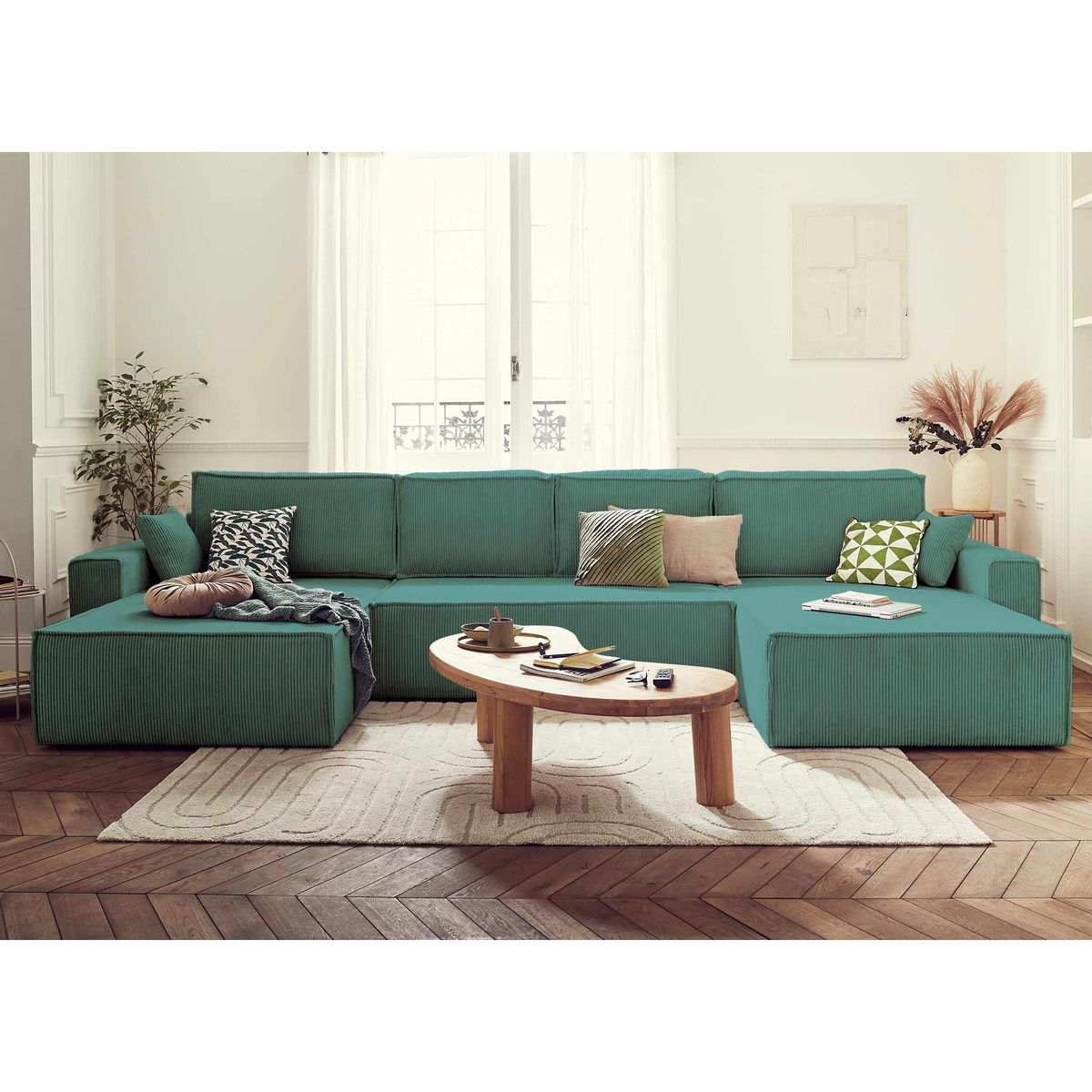 BEST MOBILIER Dellia - canapé panoramique en u - 7 places - convertible - avec coffre - en velours côtelé