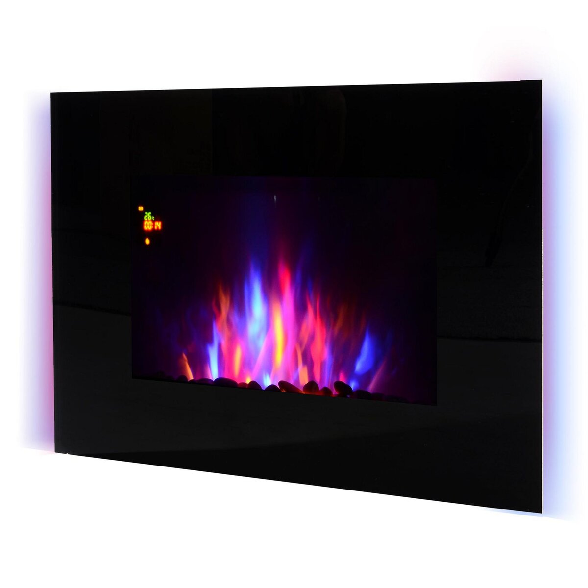 HOMCOM Cheminée électrique murale LED 7 effets flammes + 7 couleurs ambiance + galets télécommande thermostat 1000-2000 W minuterie noir