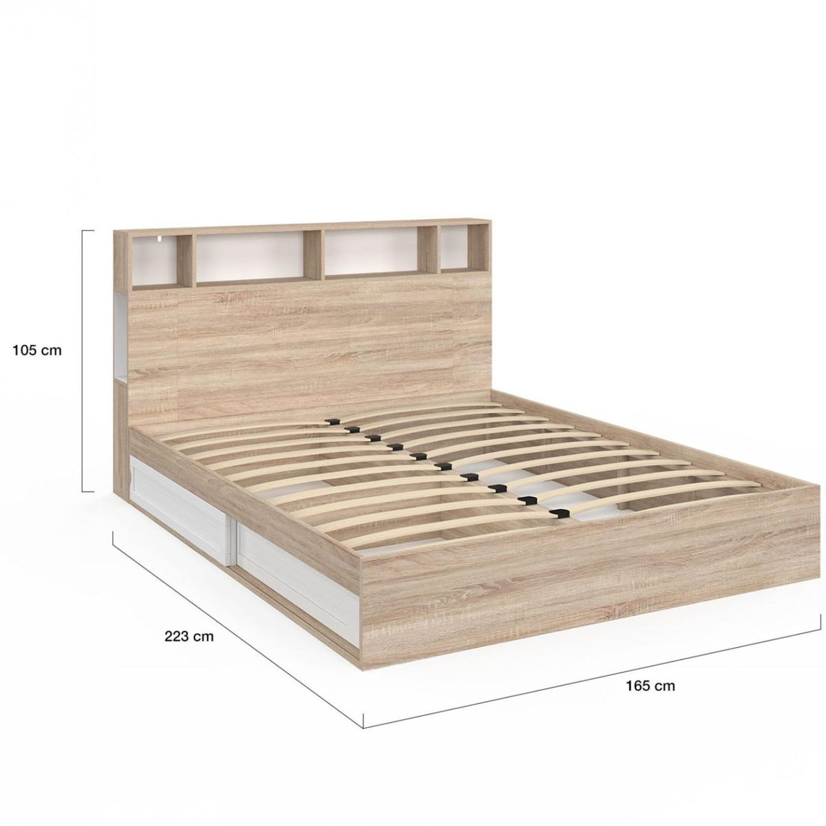 ID MARKET Lit double CLEM avec rangements + tête de lit et sommier 160 x 200 cm hêtre et blanc