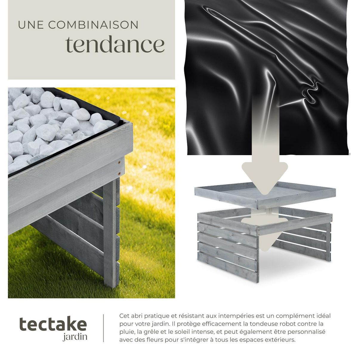 tectake Garage pour robot tondeuse en lattes de pin teintées résistantes aux intempéries gris