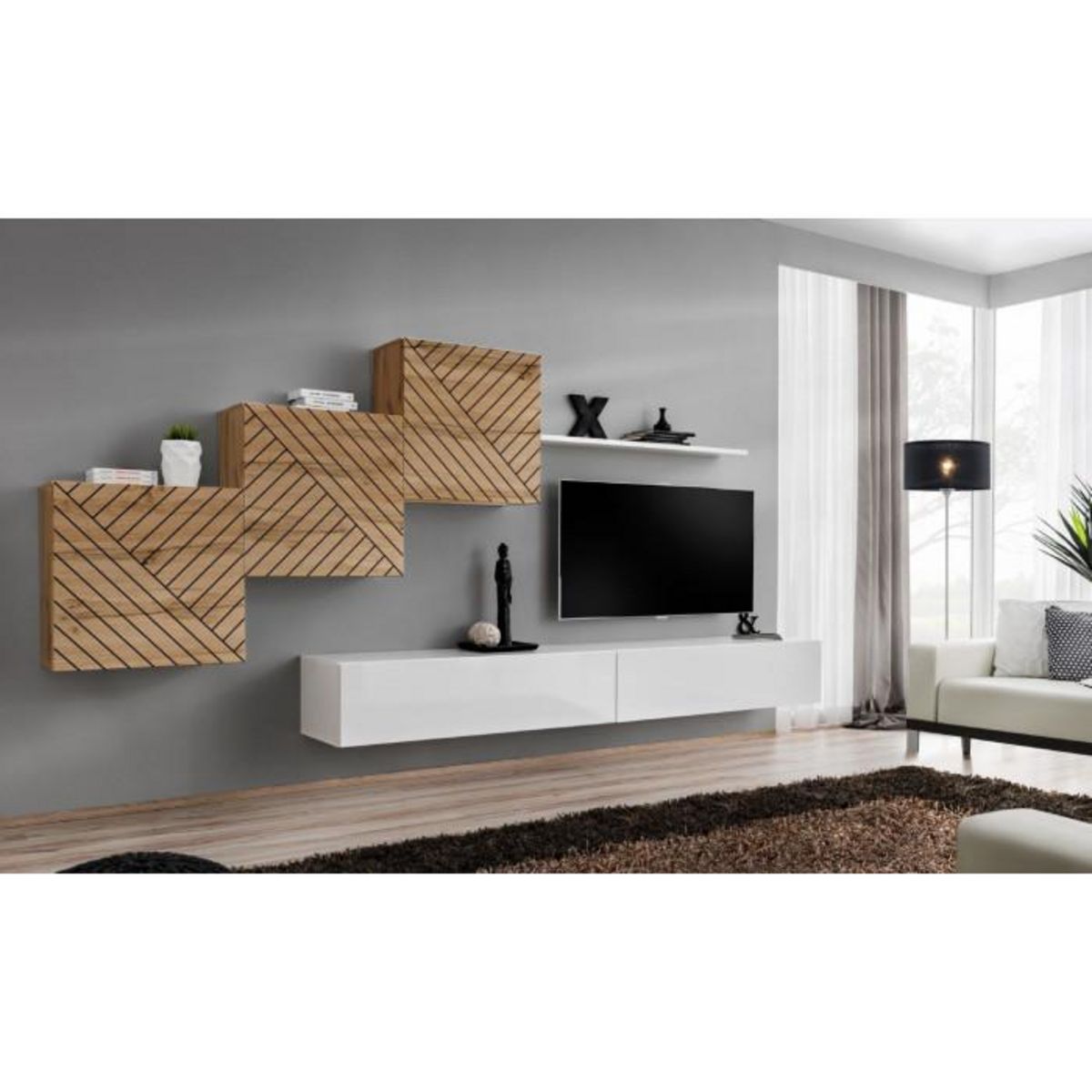 Paris Prix Ensemble Meuble TV  Switch Lamel X  330cm Blanc & Naturel