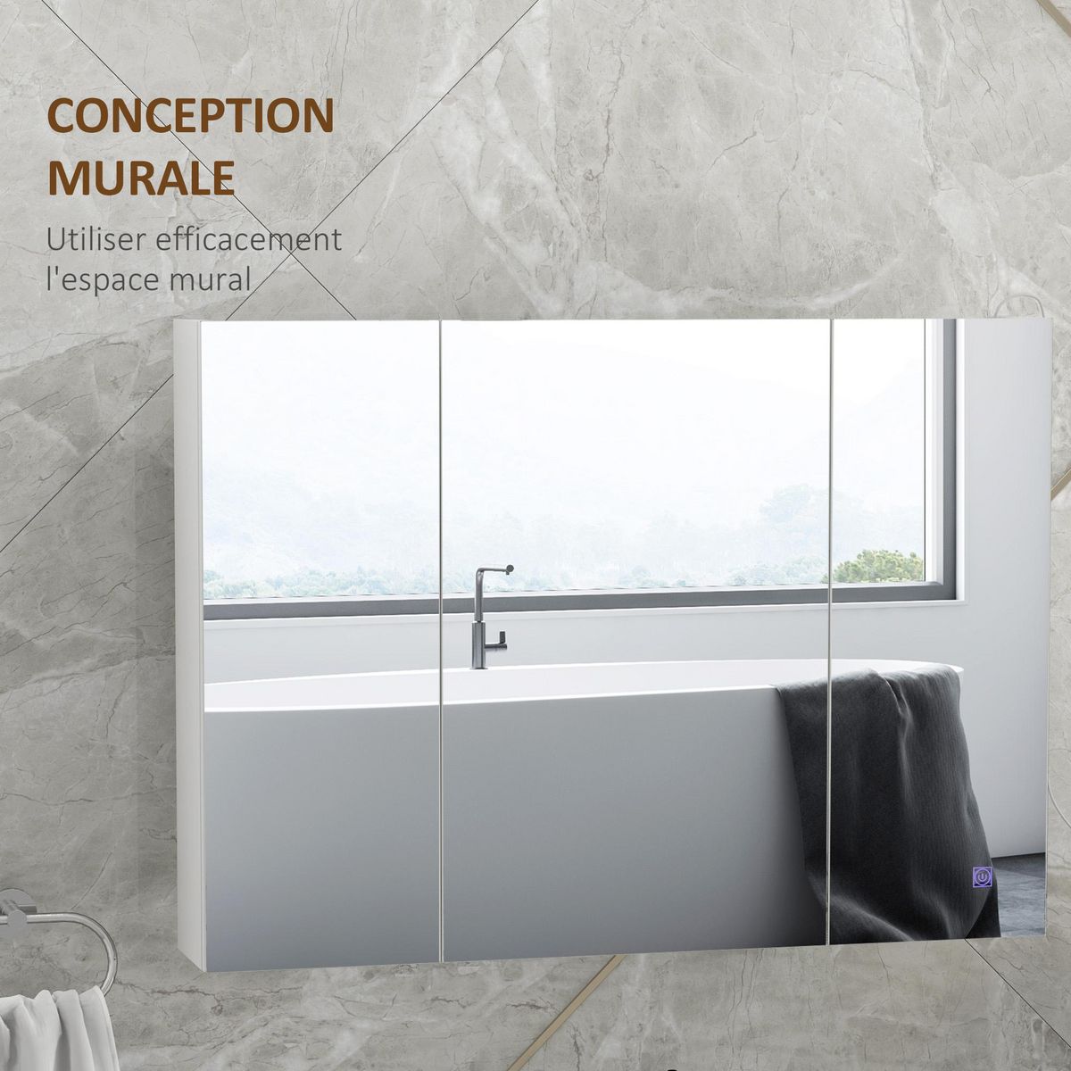 KLEANKIN Armoire miroir LED de salle de bain - 3 portes, 3 étagères - tactile, lumière réglable - MDF blanc laqué verre