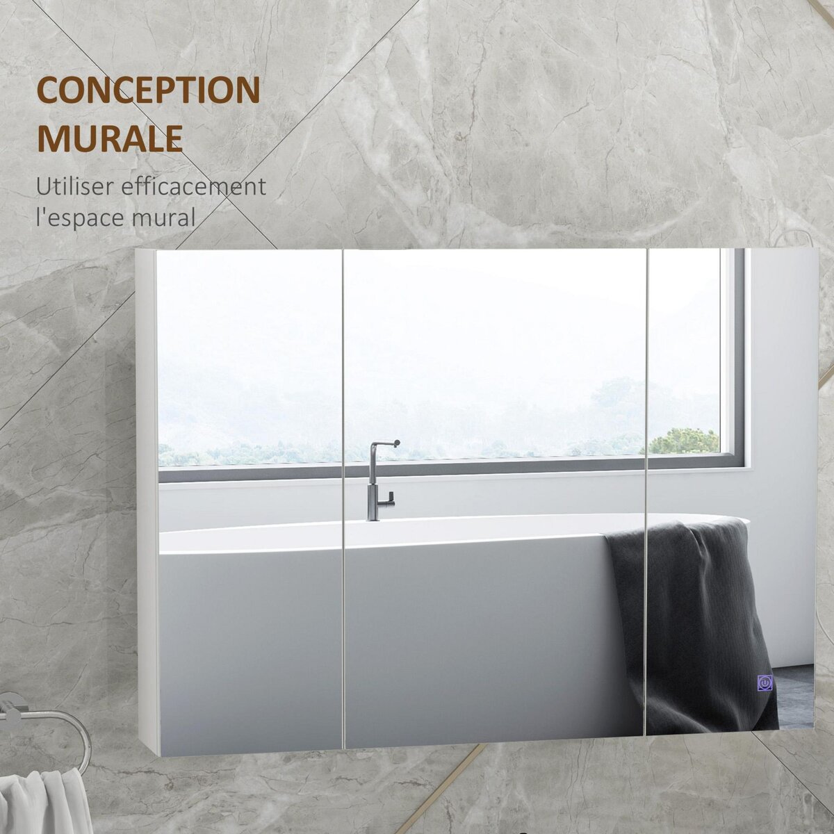 KLEANKIN Armoire miroir LED de salle de bain - 3 portes, 3 étagères - tactile, lumière réglable - MDF blanc laqué verre