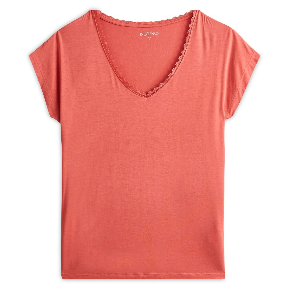 INEXTENSO T-shirt manches courtes col v à dentelles rose femme