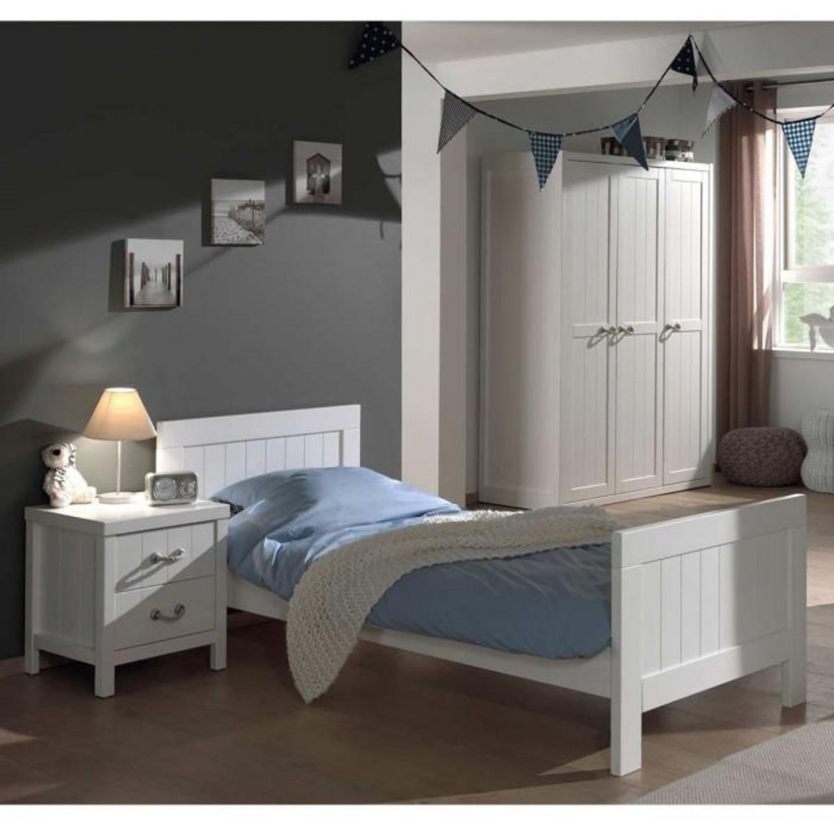 Paris Prix Pack - Lit Enfant, Sommier, Chevet & Armoire  Lewis II  90x200cm Blanc