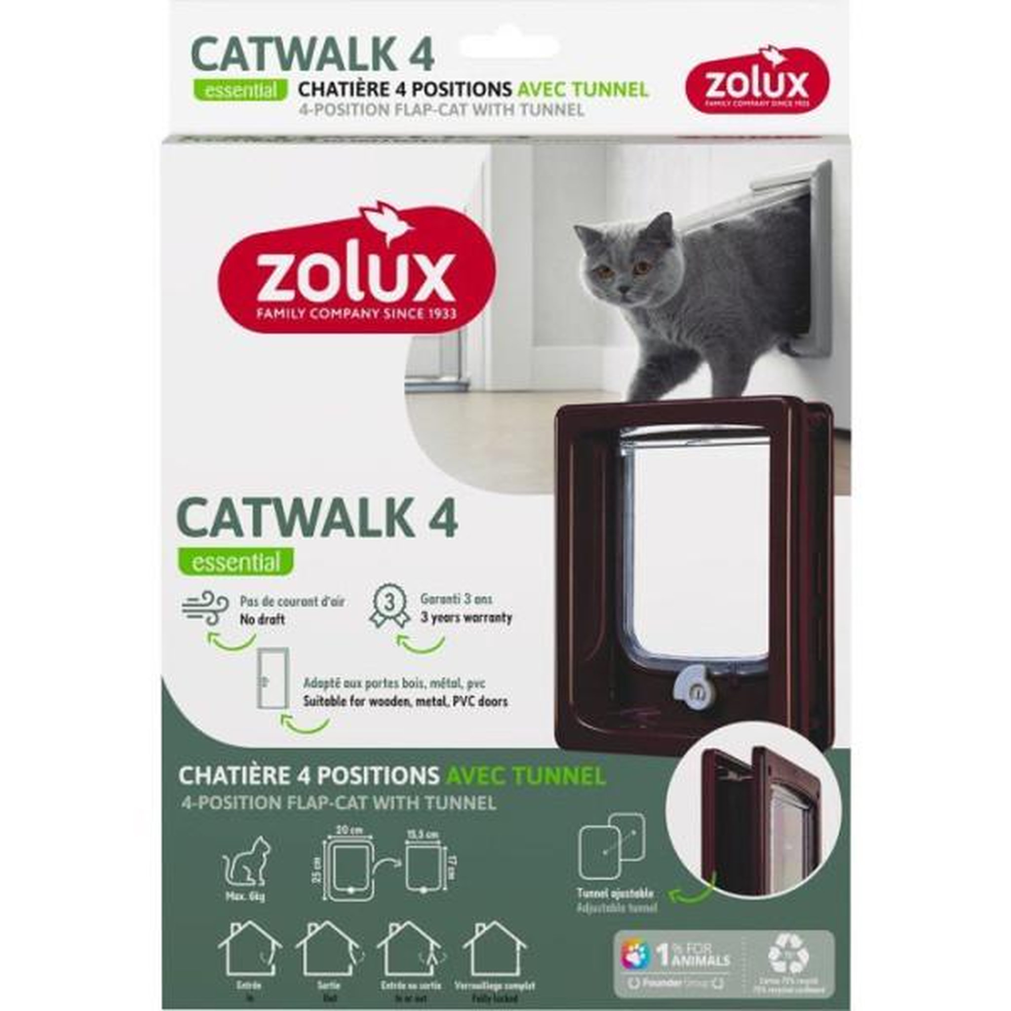 Voir la diapositive 2 : Zolux Chatière 4 positions avec tunnel - zolux - l20 x h25 cm - pour porte bois, pvc, métal - catwalk - marron