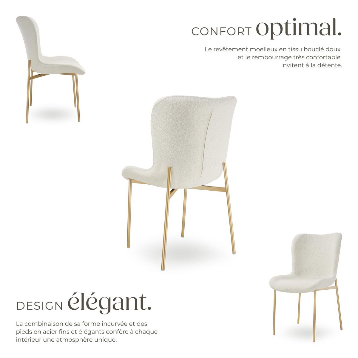 tectake Chaise rembourrée forme ergonomique avec dossier haut Bouclette blanc/doré