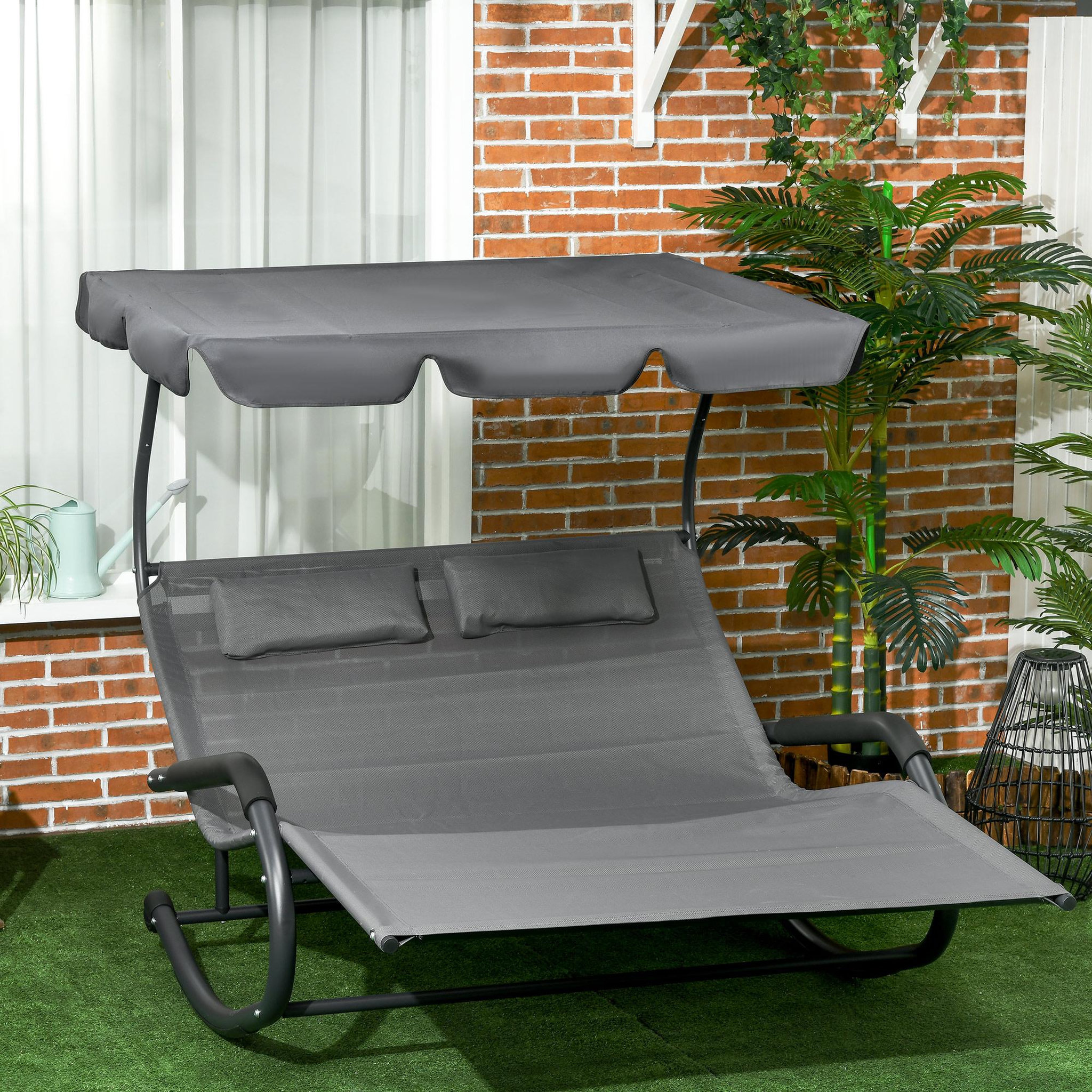 Voir la diapositive 2 : OUTSUNNY Bain de soleil 2 places à bascule design - auvent, accoudoirs, butées, roulettes - acier textilène tissu anthracite
