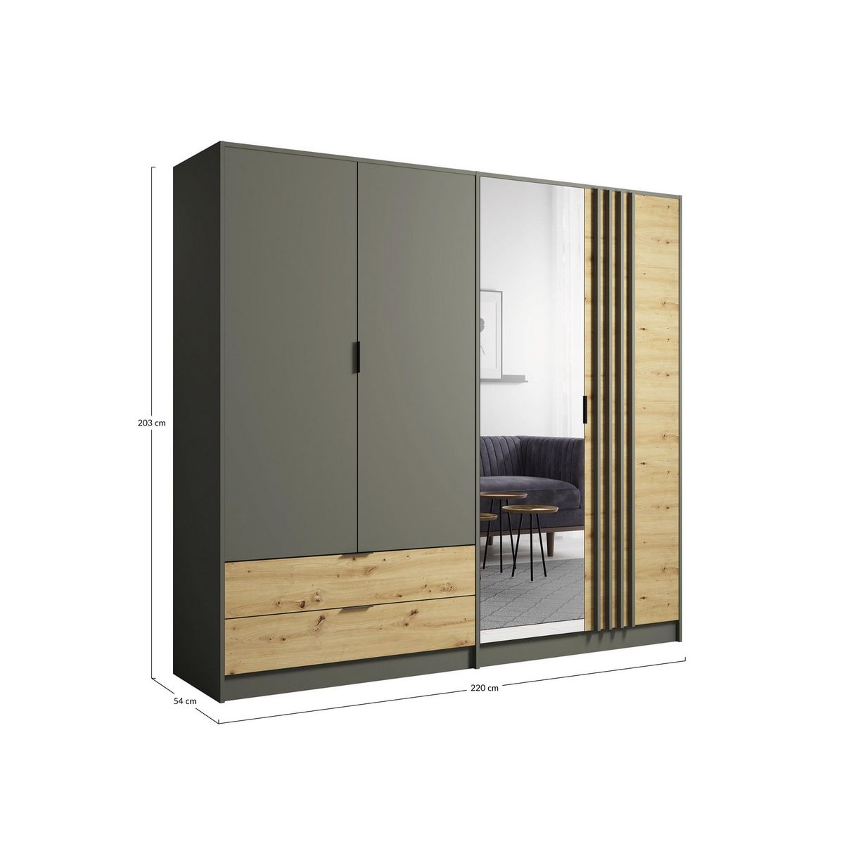 BEST MOBILIER Nicosie - armoire avec miroir - effet bois et gris - 220x203 cm