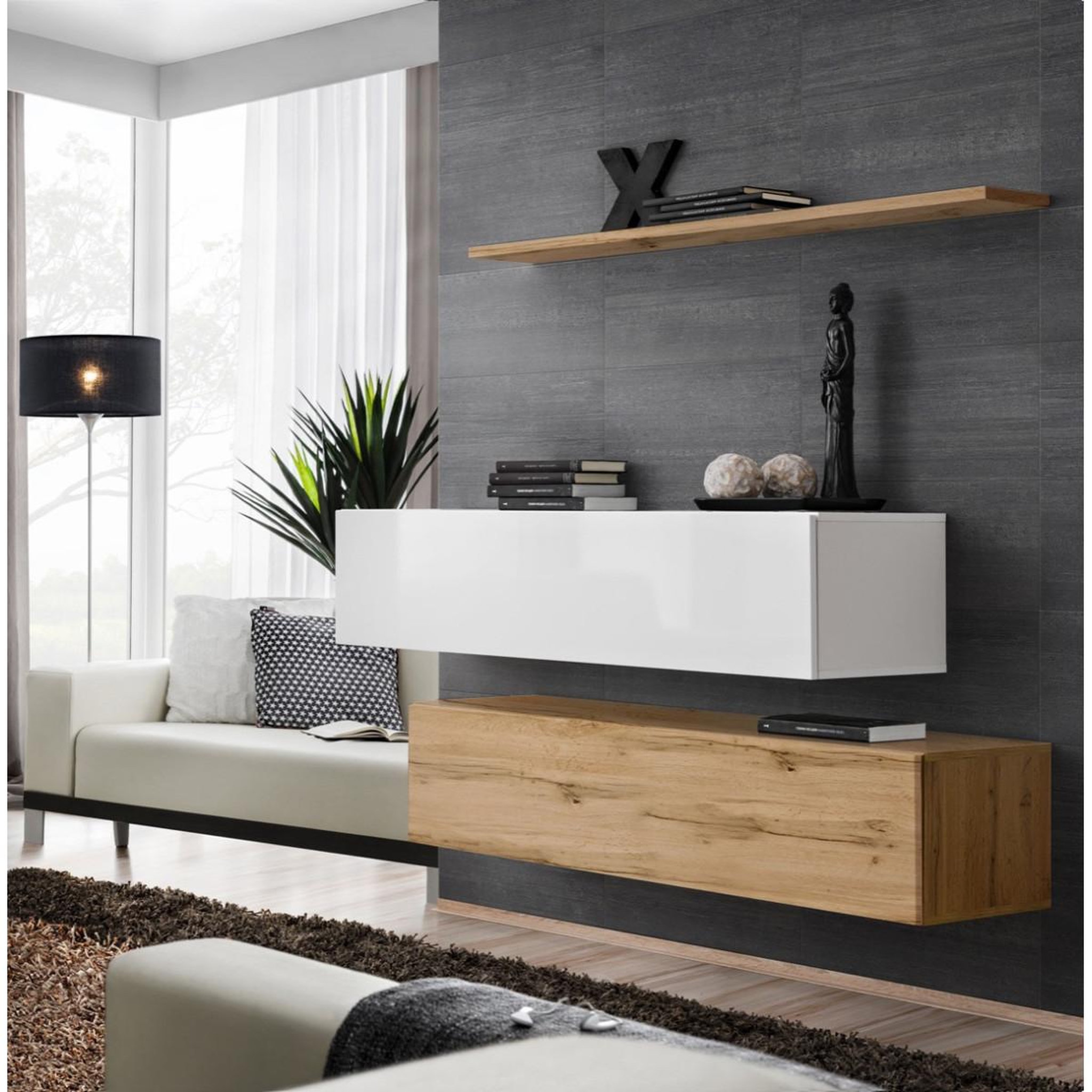 Paris Prix Lot de 2 bancs muraux & étagère  switch sbii  130cm naturel & blanc