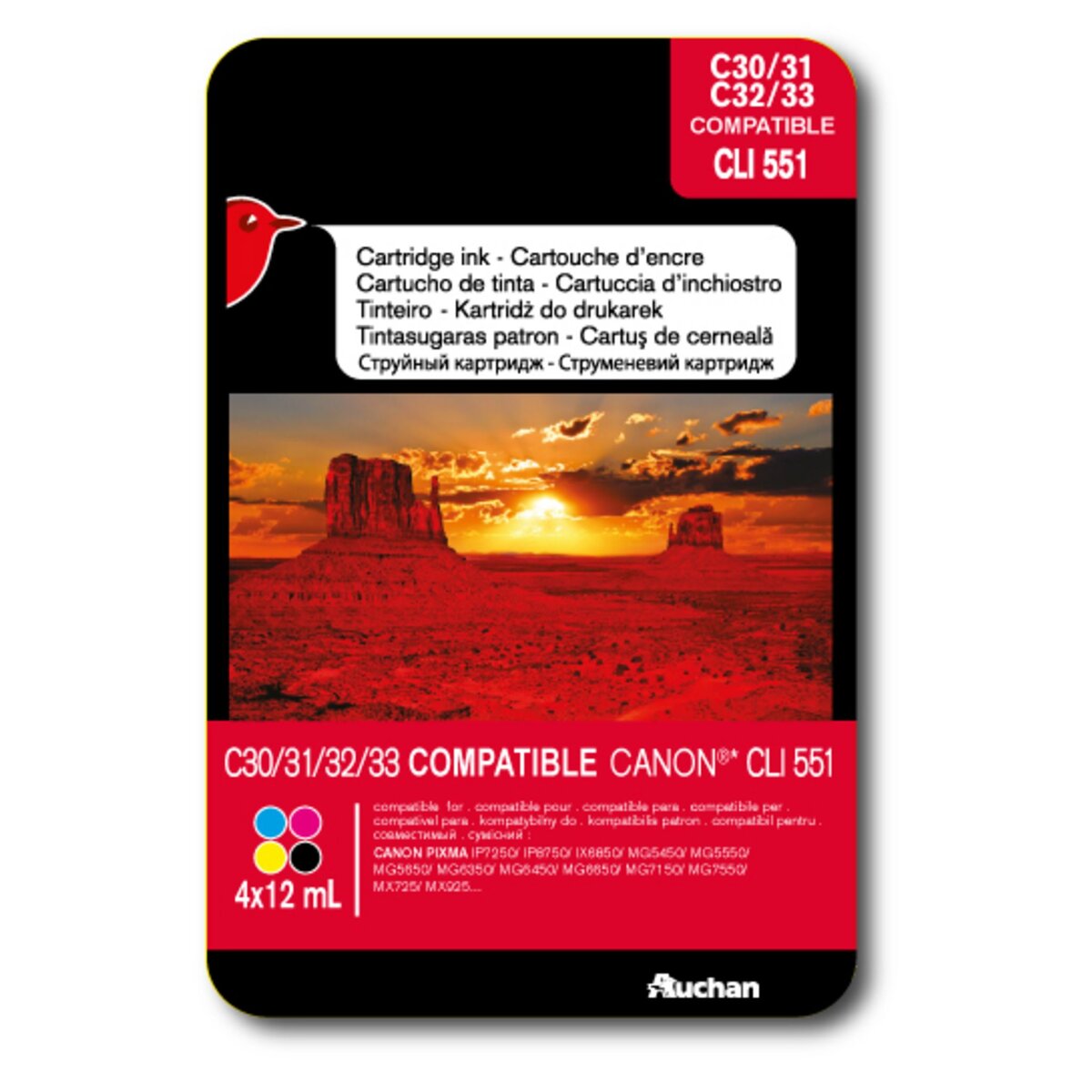 AUCHAN Cartouche d'encre compatible CANON CLI551 C30/31/32/33 - Noir Cyan Magenta & Jaune