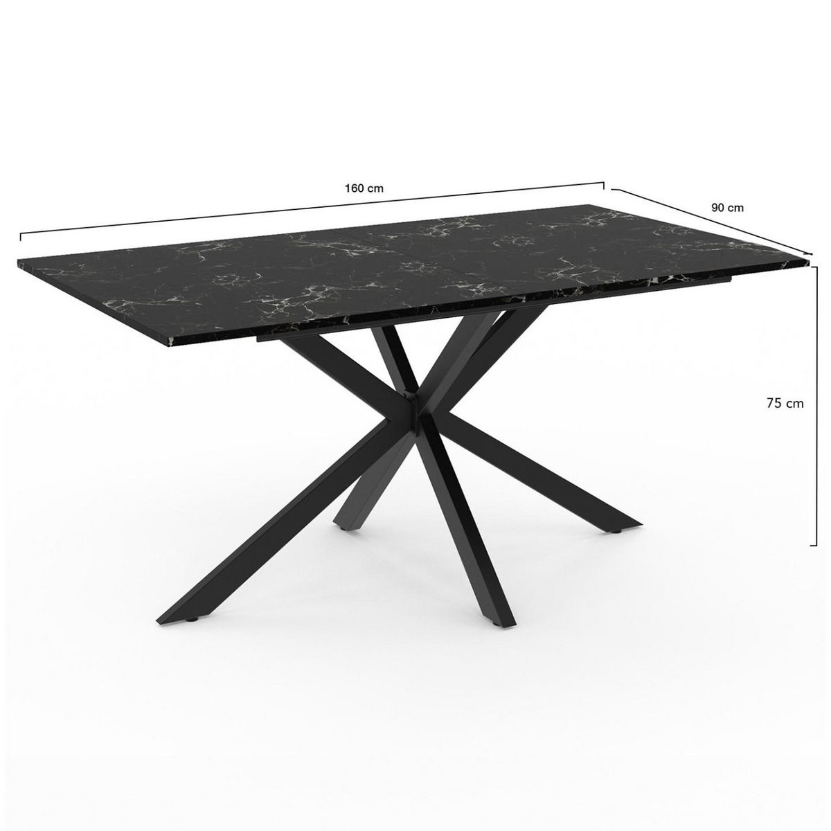 ID MARKET Table à manger rectangle ALIX 8 personnes pied araignée noir et plateau effet marbre noir ALASKA 160 cm
