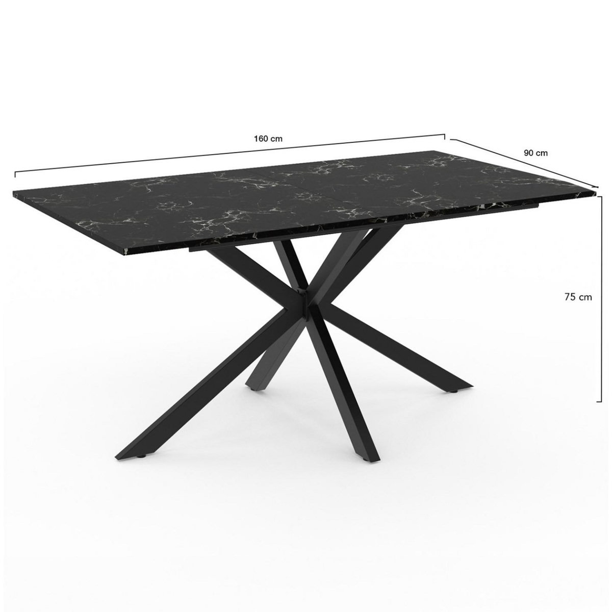 ID MARKET Table à manger rectangle ALIX 8 personnes pied araignée noir et plateau effet marbre noir ALASKA 160 cm