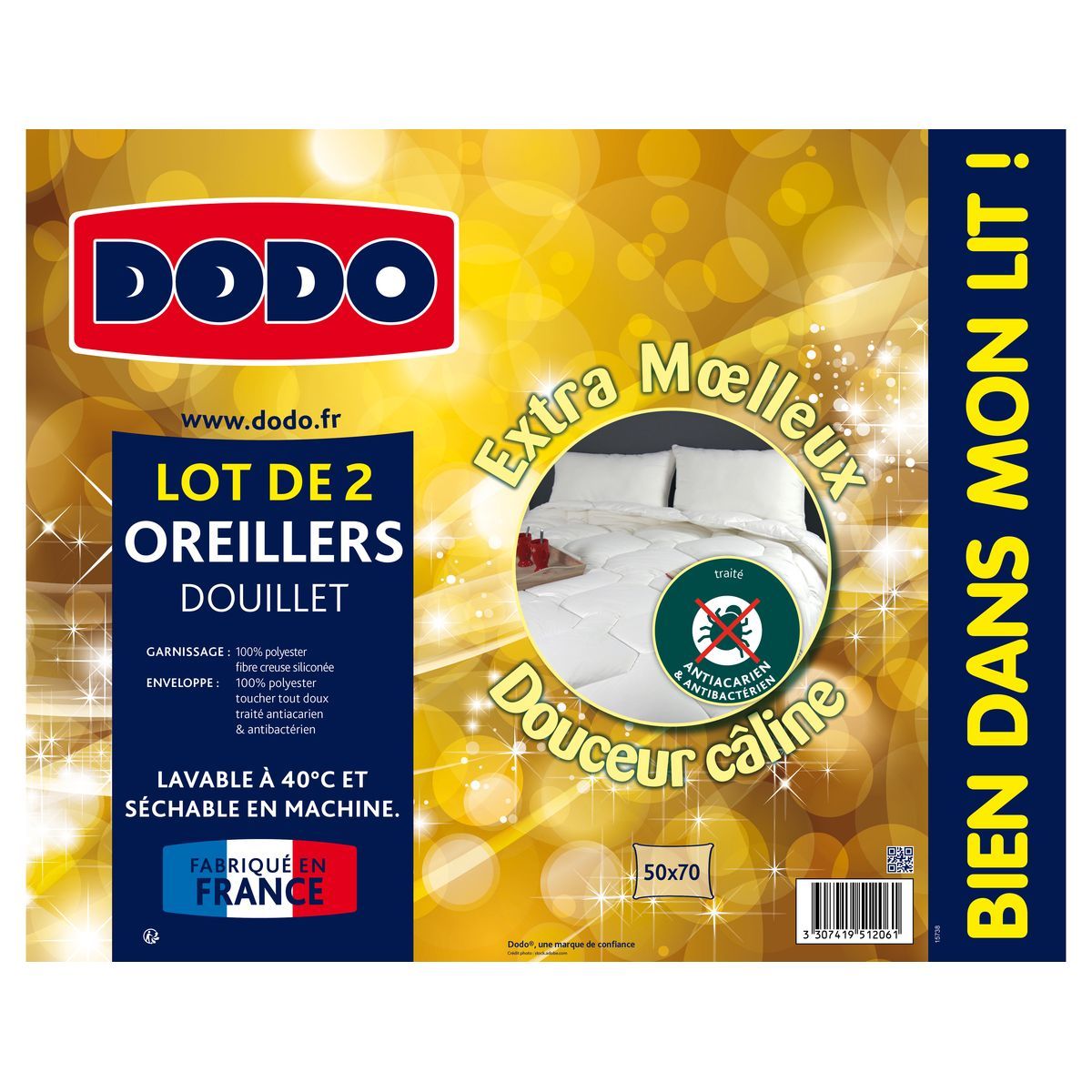DODO Lot 2 oreillers DODO extra moelleux en microfibre anti-acariens