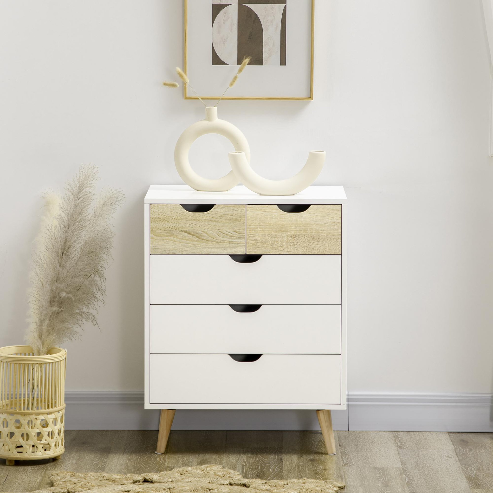 Voir la diapositive 4 : HOMCOM Commode design scandinave 5 tiroirs coulissants piètement bois effilé incliné panneaux blanc aspect bois clair