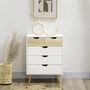 Voir la diapositive 4 : HOMCOM Commode design scandinave 5 tiroirs coulissants piètement bois effilé incliné panneaux blanc aspect bois clair