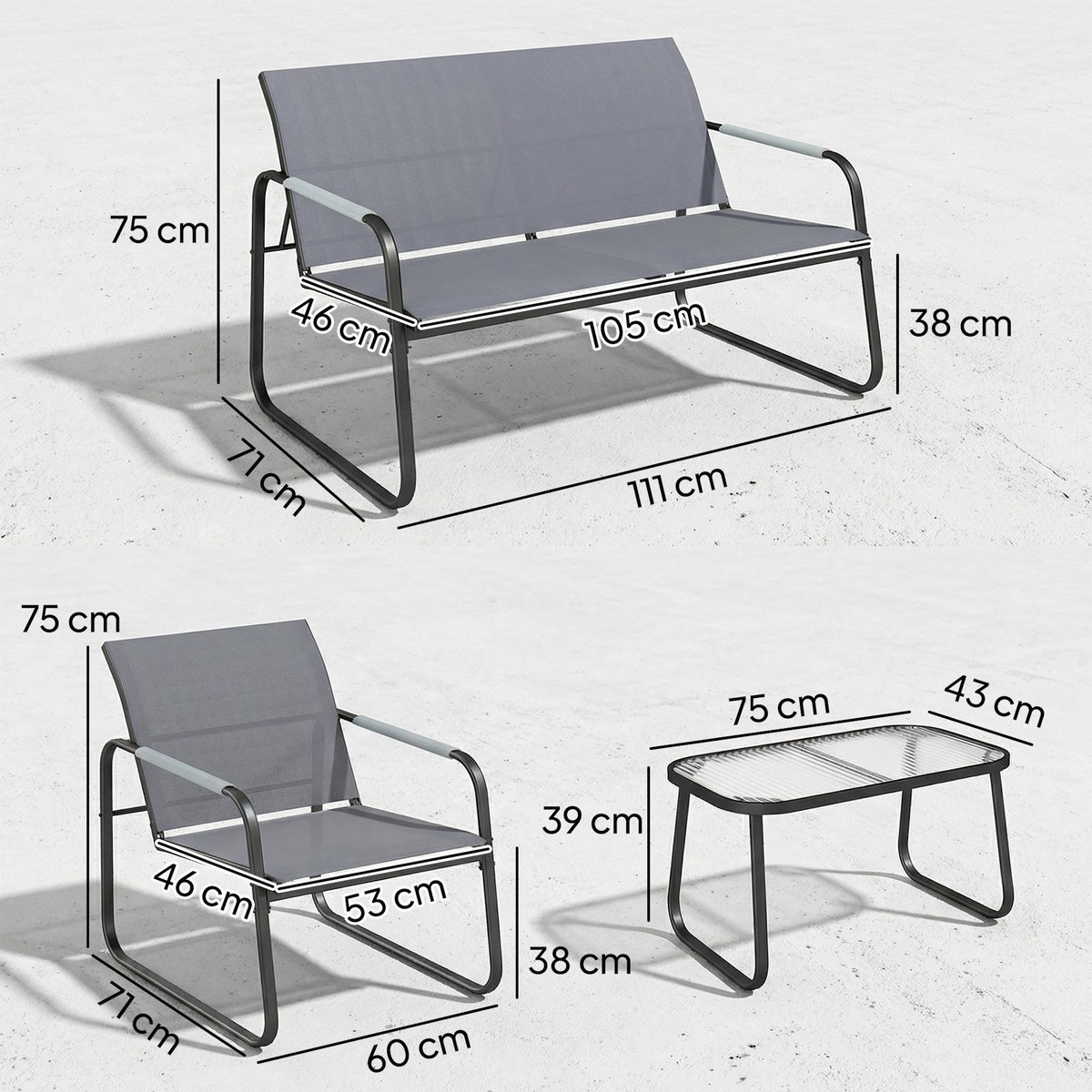 OUTSUNNY Salon de jardin style yachting 4 personnes 4 pièces plateau verre trempé