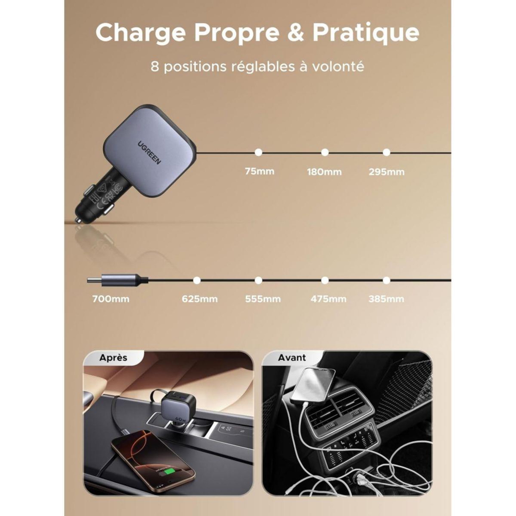 Voir la diapositive 4 : UGREEN Chargeur allume cigare Retractable USBC/USBA Noir 60W