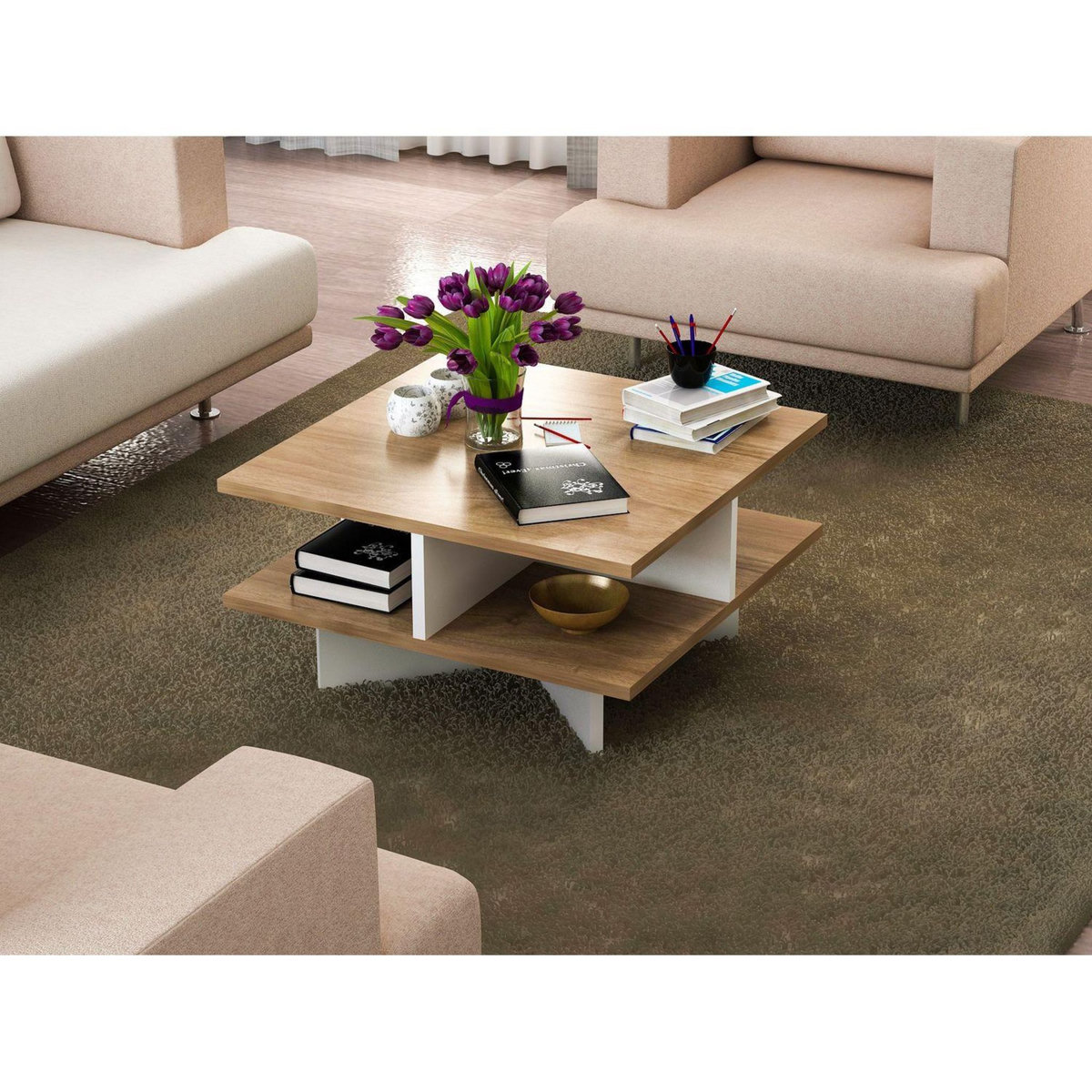 TOILINUX Table basse design scandinave Hamton - L. 60 x H. 31 cm - Marron noix